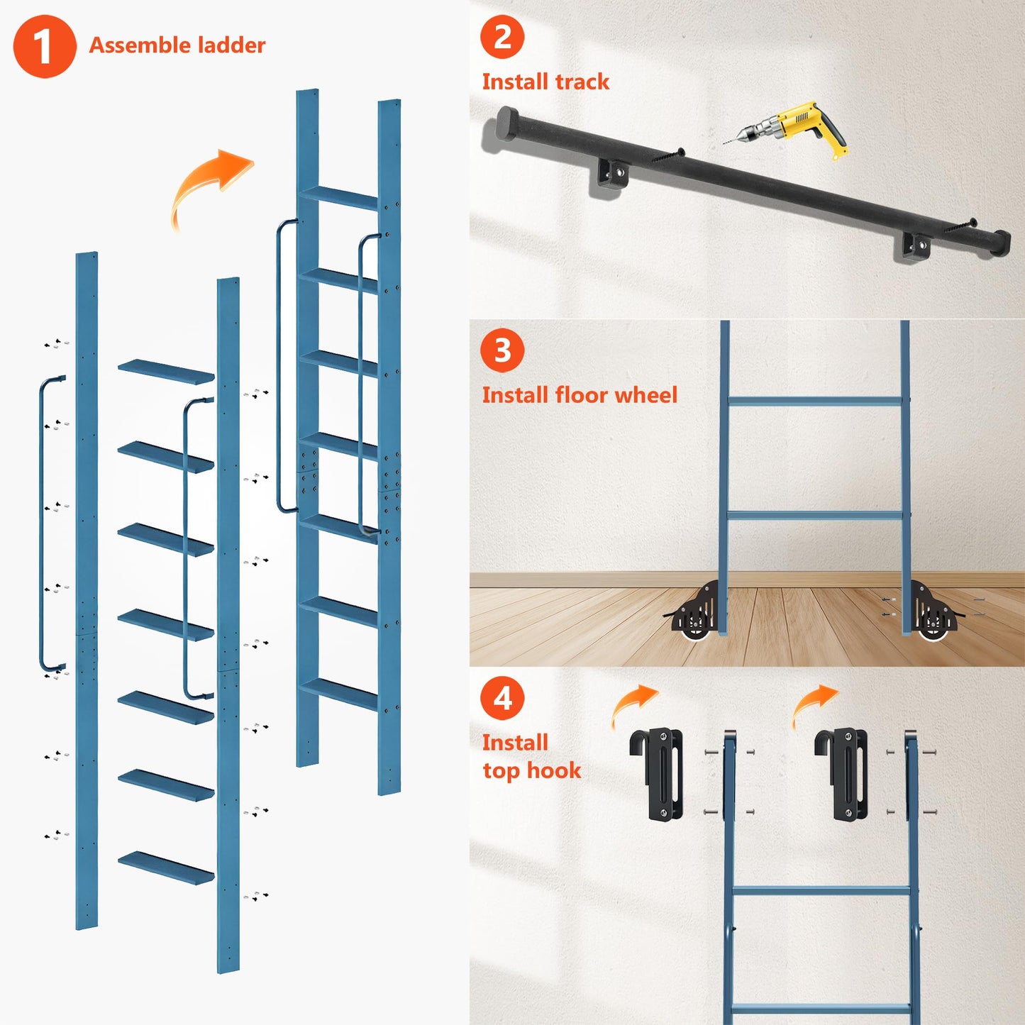 DIYHD 87" Lightweight Sliding Library Ladder with Handrail, Rolling Bookshelf Ladder with 4FT Rail System, Telescopic Top Hook, Upright Space-Saving Storage Design, 7 Steps, 300 Pound Capacity, Blue