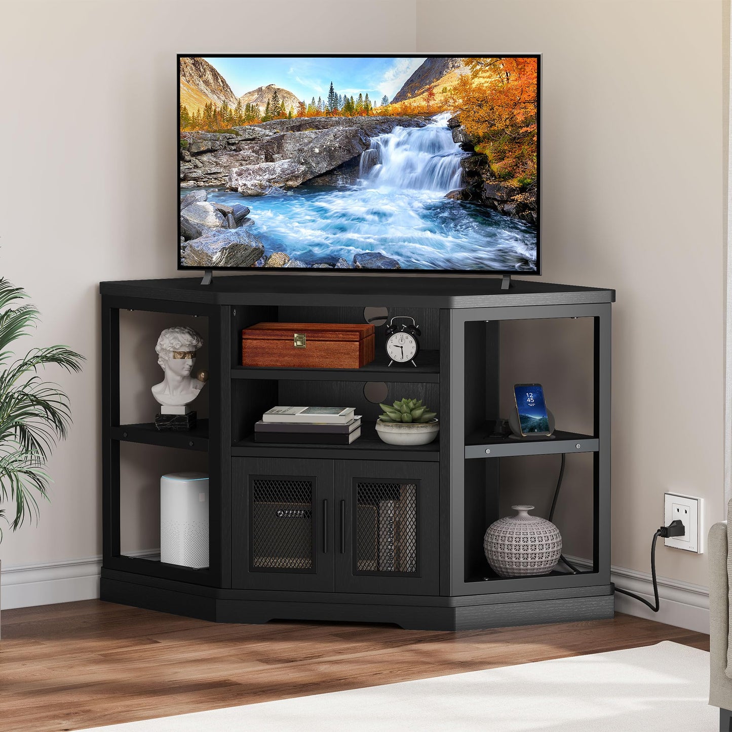 DWVO Corner TV Stand for 50 Inch TV, Farmhouse TV Stands for Living Room, Black Entertainment Center with Storage & Power Outlets, Wood TV Console Cabinet, Black