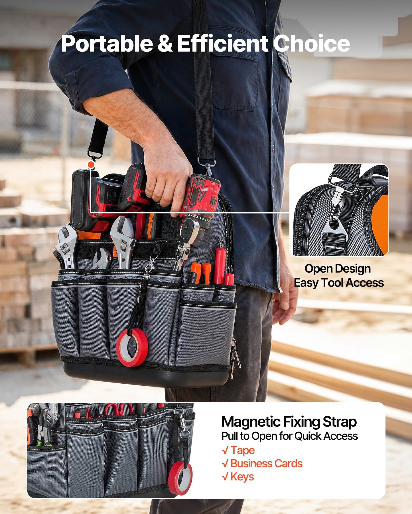 VEVOR Tool Bag, 13.2 Inch, 39-Pocket Open Top Tool Pouch, Portable Electrical Maintenance Toolbox Organizer Storage with Hard Plastic Base, Adjustable Shoulder Strap, for Professionals DIY & Jobsite