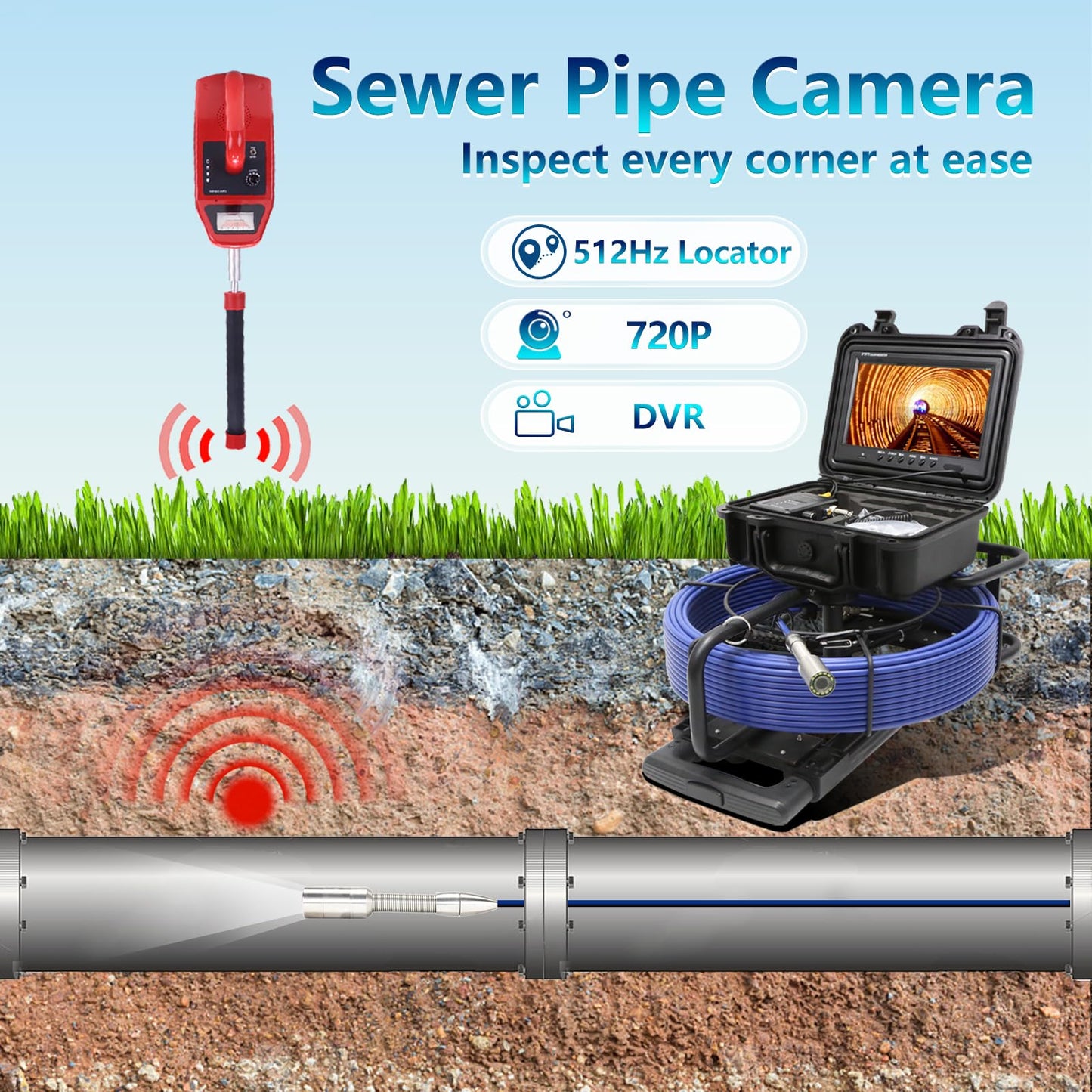 Gatebig Sewer Camera with Locator,Self Leveling,164FT,Retractable Handle,7MM Cable, 9'' IPS Drain Inspection Camera with DVR,IP68 Plumbing Snake with 12 Lights for Home,Duct Pipe Inspection