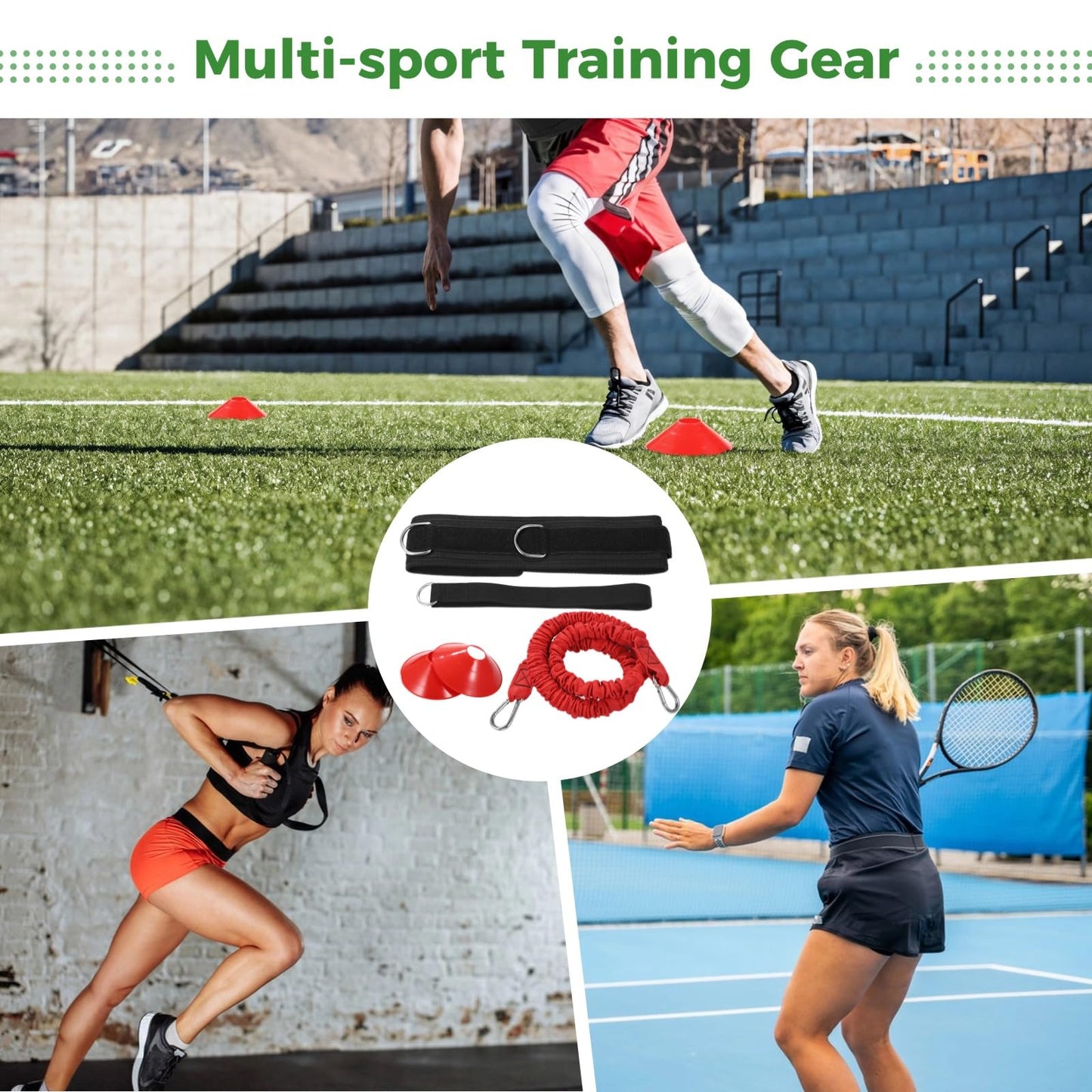 Speed Training Equipment Set, Resistance Bungee Band Multi Sport Exercise Set With Resistance Bungee Band, Waist Belt, Training Cones, and Fixing Band, Improving Speed, Stamina and Strength (A)
