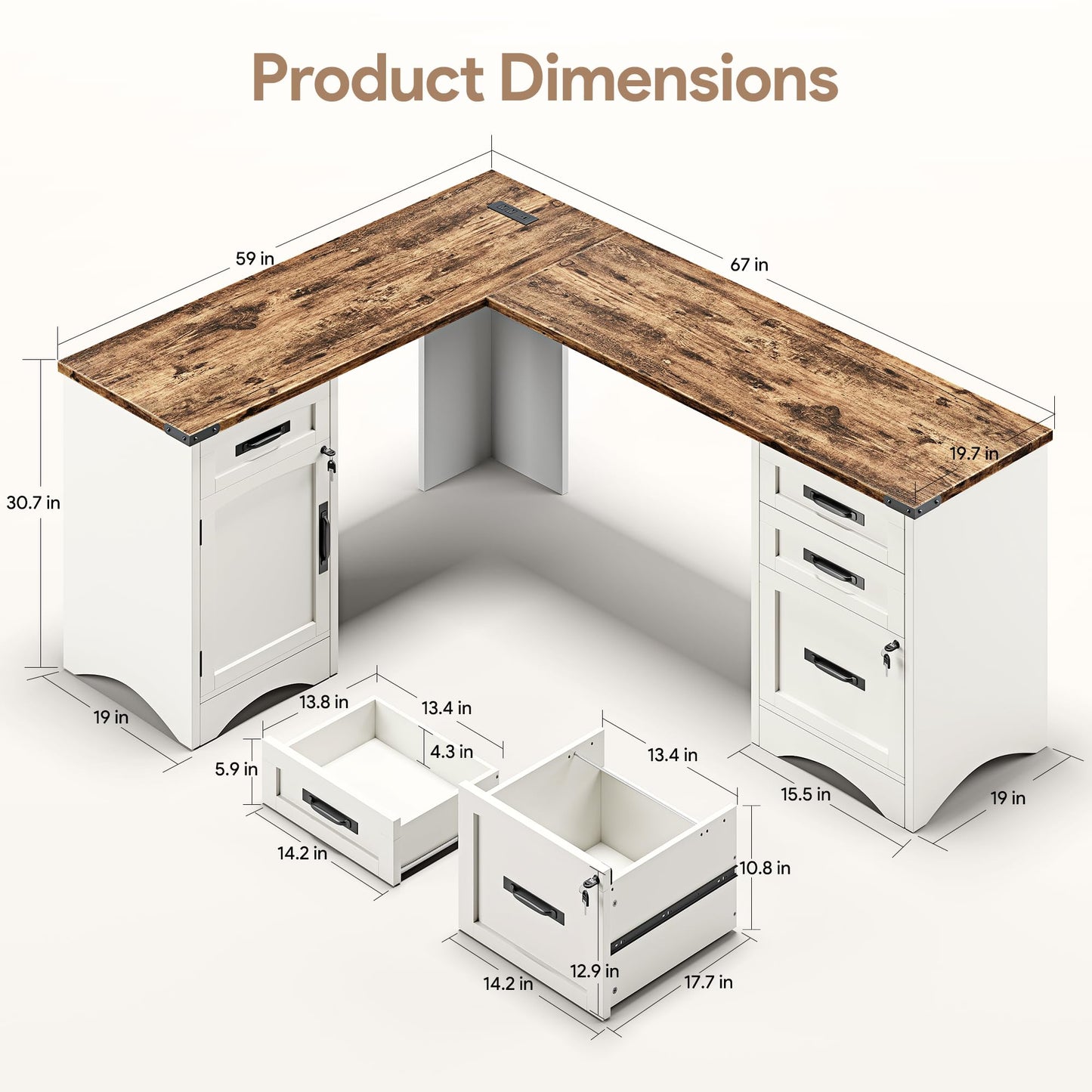 Decofy L Shaped Farmhouse Executive Desk with Drawers, 67" Home Office Desks with Fast Charging Station, Lockable File Cabinet, Wood Writing Computer Desk for Work, Study, White