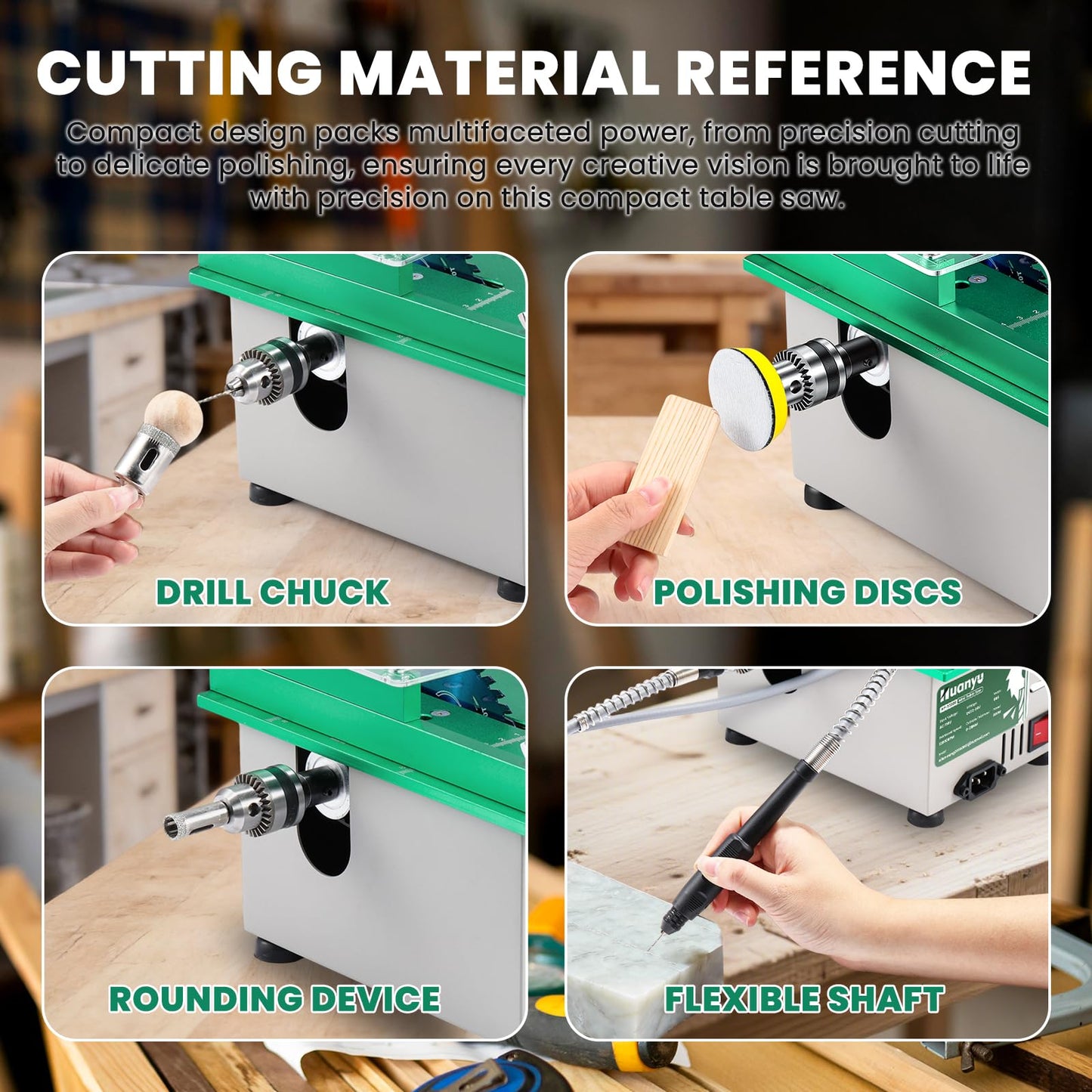 Huanyu Mini Table Saw 300W 1.14IN Cut Depth Portable Precision Hobby Table Saws Set for Wood Model DIY Crafts Woodworking 0-180° Angle Cutting Multifunctional 7-Level Speed Adjustable