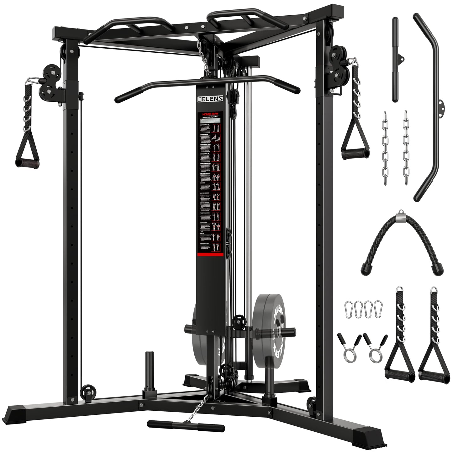 JELENS CC01 Fitness Cable Crossover Machine with High and Low Pulley System, Functional Trainer with with Pull Up Bars and Optional Bundle (Black, CC01 Cable Crossover Machine)