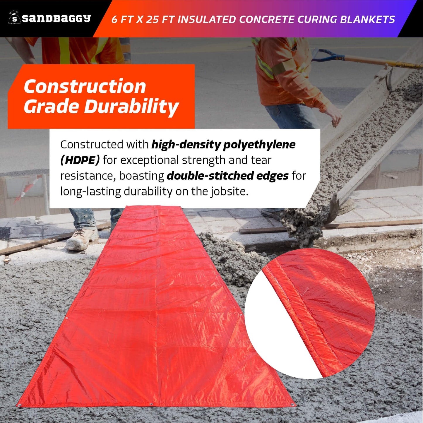 Sandbaggy Concrete Blankets Insulated 6 ft x25 ft with Grommets (max R-Value 3.35) - Waterproof, UV Resistant - Concrete Curing Tarp, Cement (5, 6 ft x 25 ft)
