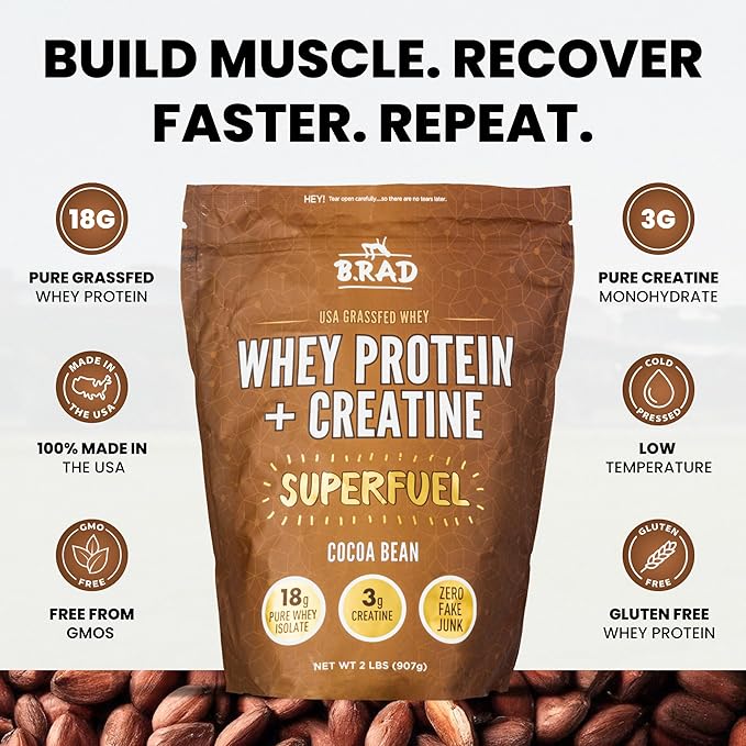 B.rad Superfuel - Grass Fed Whey Protein Isolate Boosted with Creatine | Farm-Fresh, Easy-to-Digest, Clean Ingredients | 2 Pounds | 100% USA Sourced | Cocoa Bean (Chocolate)