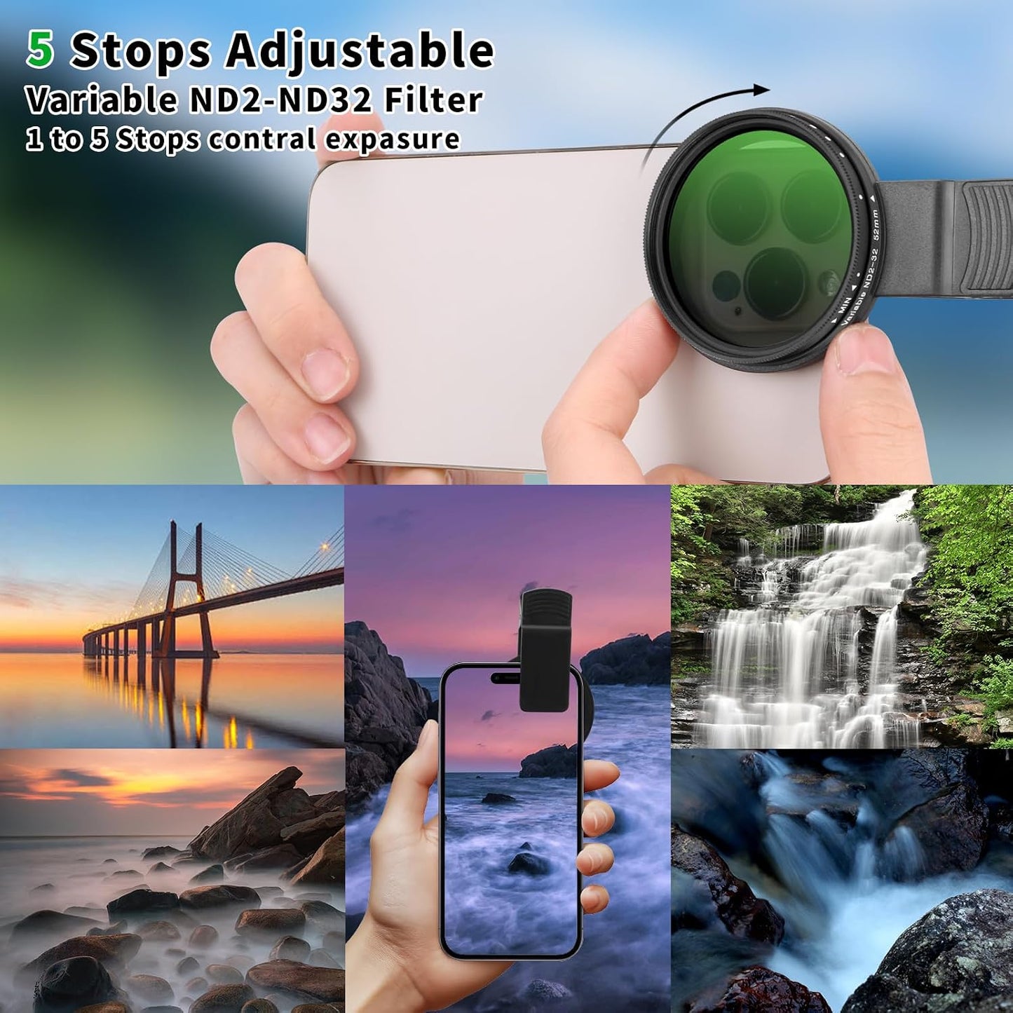Beysfilter 52MM ND2-32 16/15/14/13 Variable Filter for Phone, Multi-Coating Clip-On Variable Neutral Density Lens Kit