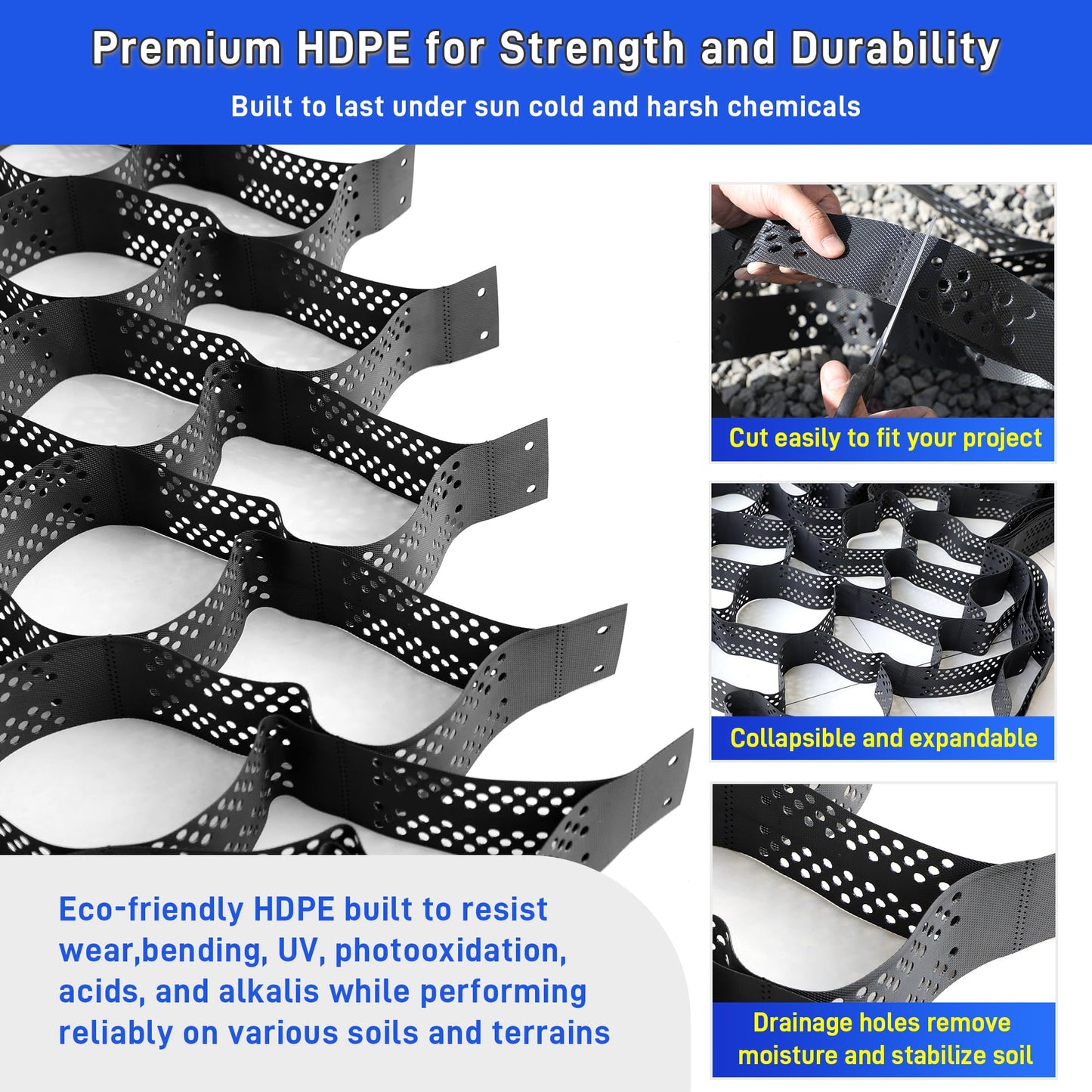 Geo Ground Grid 49.5x6.5 FT, 4" Depth Gravel Driveway Grid 1885 lbs per Sq Ft Load, Geogrid Gravel Retainer with Connectors and Stakes for DIY Patio Walkway Slope Grass Pathway Shed Base & Parking Lot