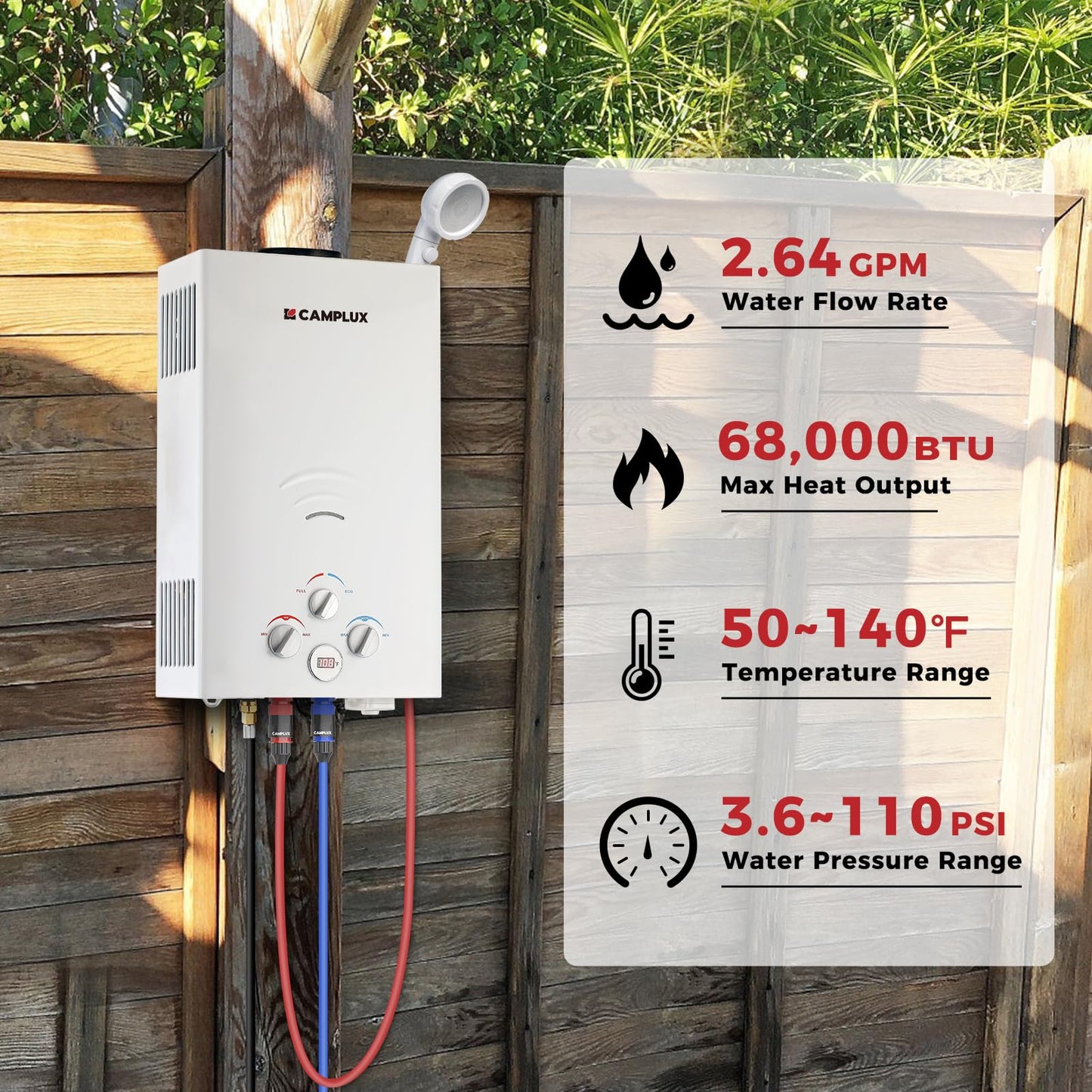 CAMPLUX 2.64 GPM Propane Portable Gas WaterHeater, 68,000 BTU Outdoor Tankless CampingWater Heater with Digital Display, White,BW264