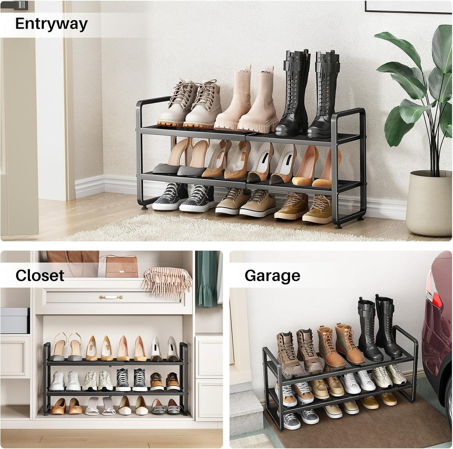 SNTD Shoe Rack - Expandable Shoe Organizer with Adjustable Metal Shelves | Stackable 2-Tier Design in Black