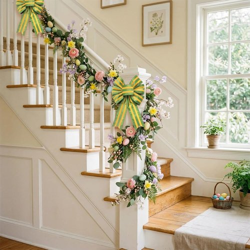 Hying Easter Wreath Bows - 2-Piece Yellow Green Stripes Burlap Decor for Front Door