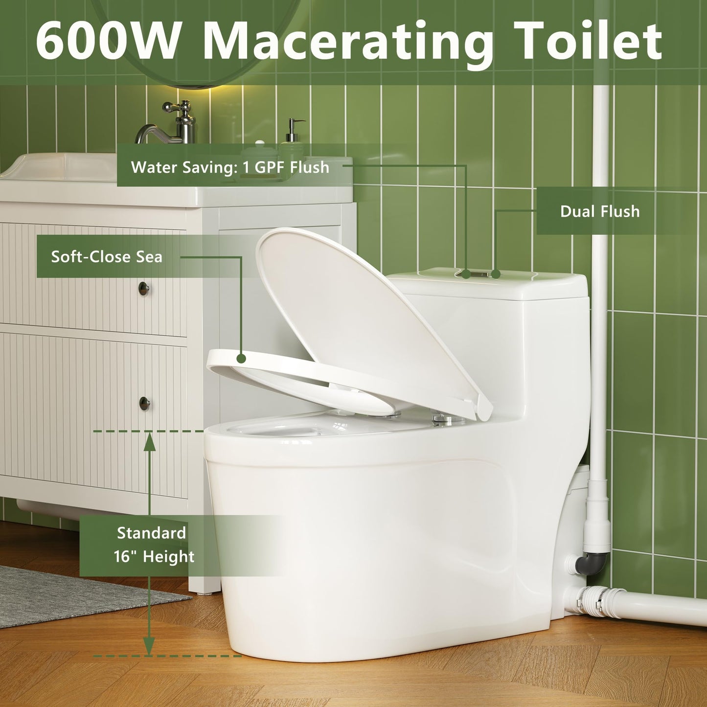 Little Meerkat 600w Macerating Toilet System, One-Piece 16" Upflush Toilet Toilet with Pump for Basement, Powerful & Quiet Upflush Toilets with 3 Water Inlet & Ac Vent, Easy Install, Space Saving