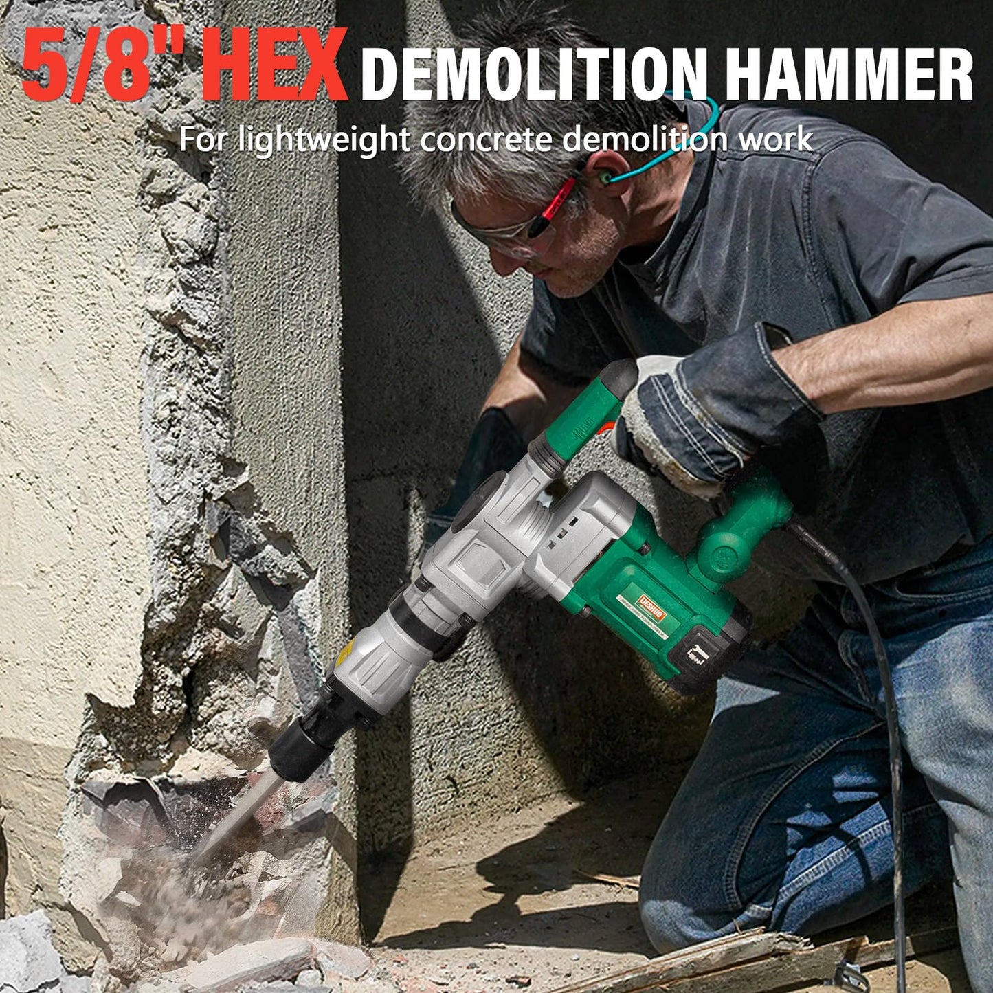 Deshuo 13 lb. Demolition Jack Hammer with 5/8" Hex Shank, 1200W 11-Amp Mini Corded Electric Concrete Demo Chipping Breaker Tile/Floor Removal with Carrying Case, Flat & Bull Point Chisel