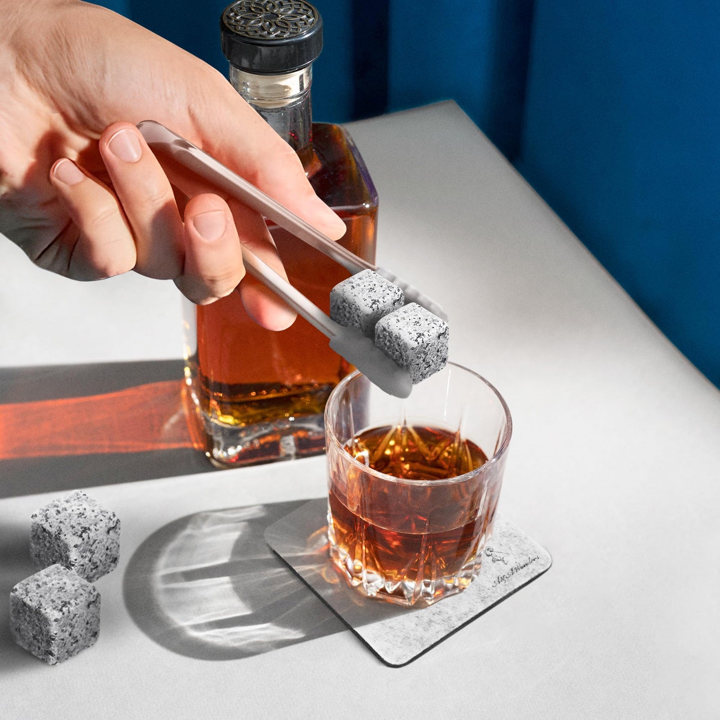 A&A Wonders Premium Whiskey Stones 100% Natural Granite Set of 9 Chilling Rocks Stone Reusable Ice Cubes for Drinks with Velvet Carrying Pouch, Gift for Whiskey Lovers (9 Cubes)