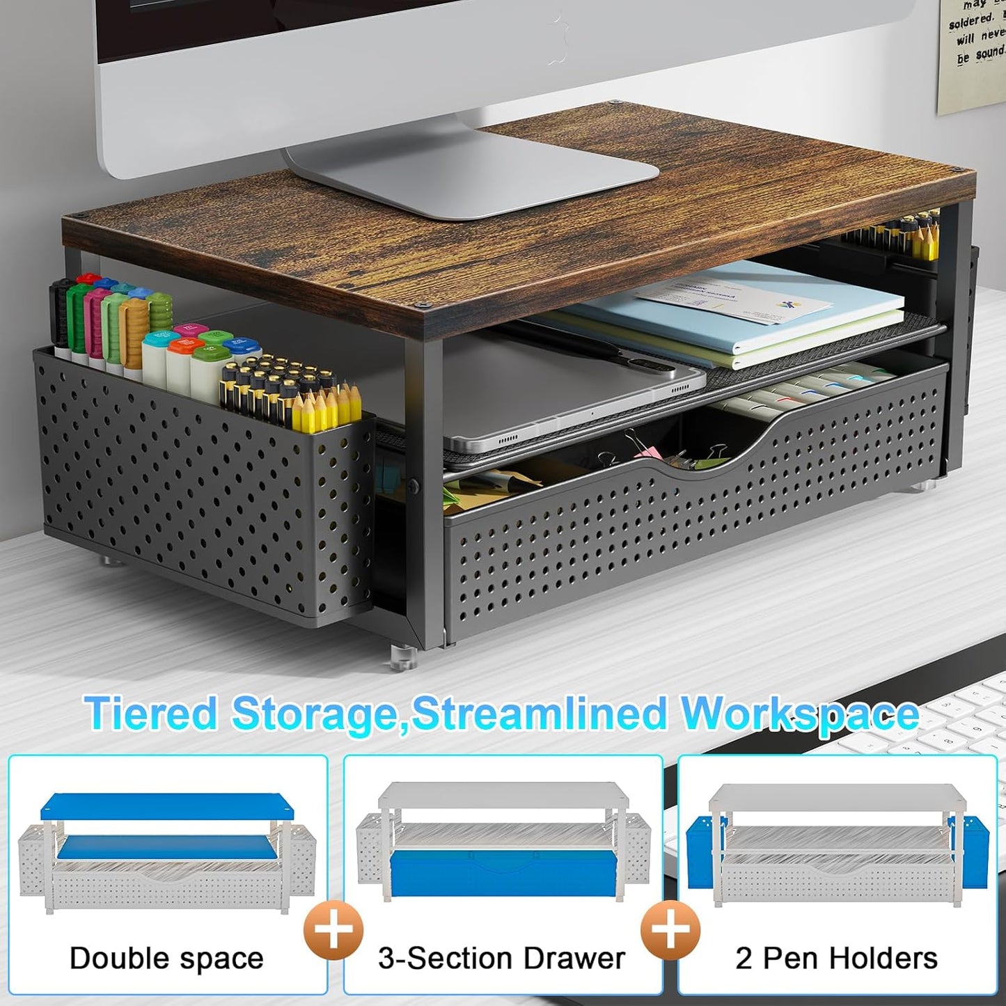 2-Tier gianotter Wood Monitor Stand Riser, Office Desk Shelf Organizer, Desk Organizer with Drawer and Pen Holder