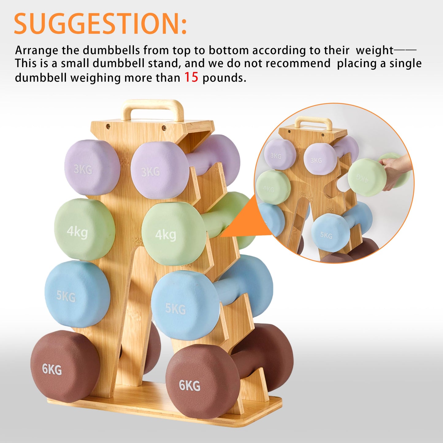 Wooden Dumbbell Rack for Home Gym Storage – Space-Saving A-Frame Stand for Organizing 8–15lb Weights, Protects Dumbbells from Scratches, Compact & Stylish Workout Storage (Rack Only)