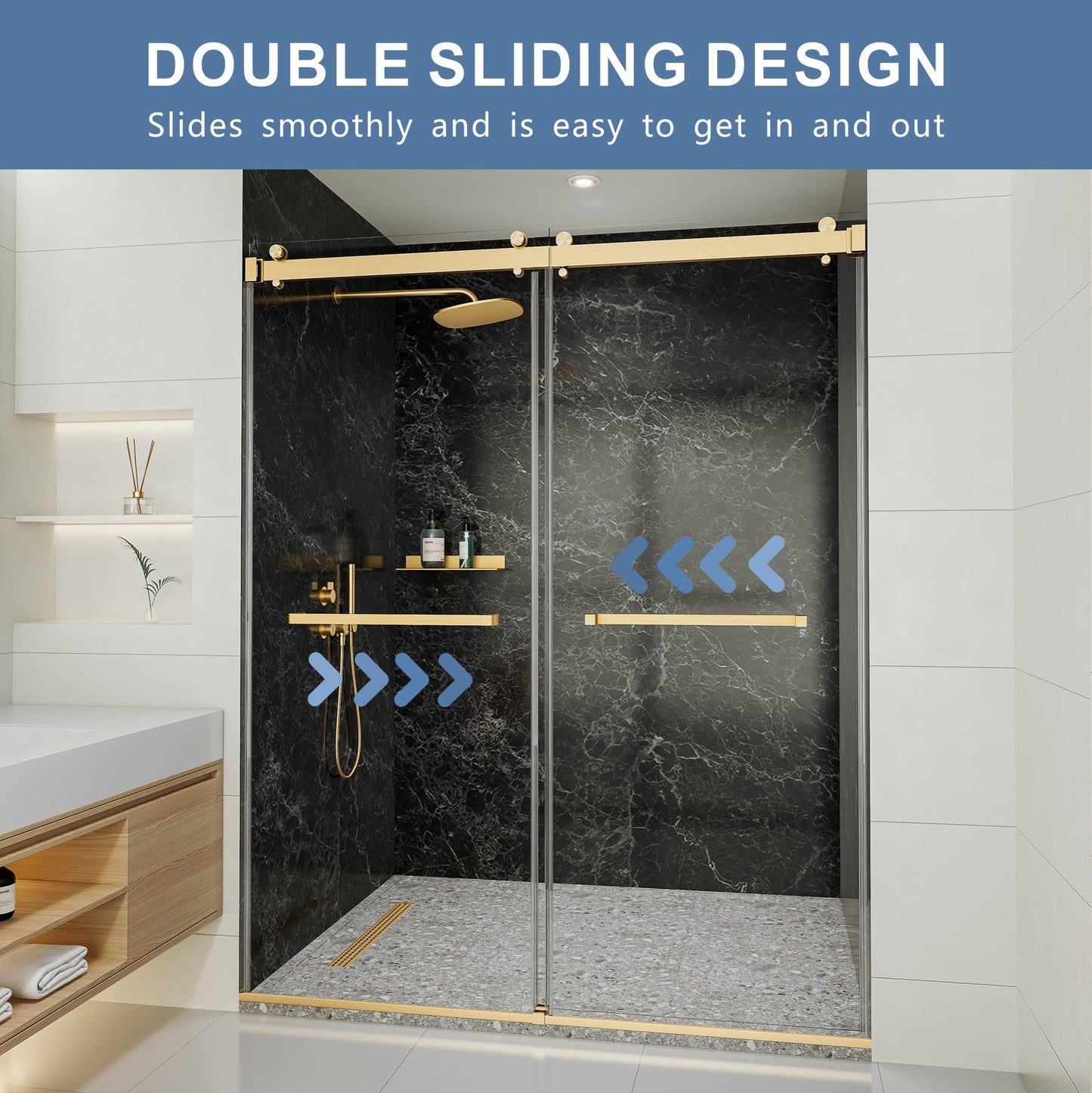 50-54" W x 76" H Frameless Shower Door, Double Sliding Glass Shower Door with 5/16" (8mm) Clear SGCC Tempered, Roller Disc System, 304 Stainless Steel (Brushed Gold, 50-54" W*76" H)