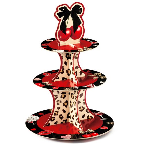Haooryx Cheetah Cherry Cupcake Stand - 3 Tier Red Cherry Bow Leopard Print Cupcake Tower Cardboard Dessert Holder Pastry Platter for Baby Shower Girls Birthday Wedding Holiday Party Table Decoration