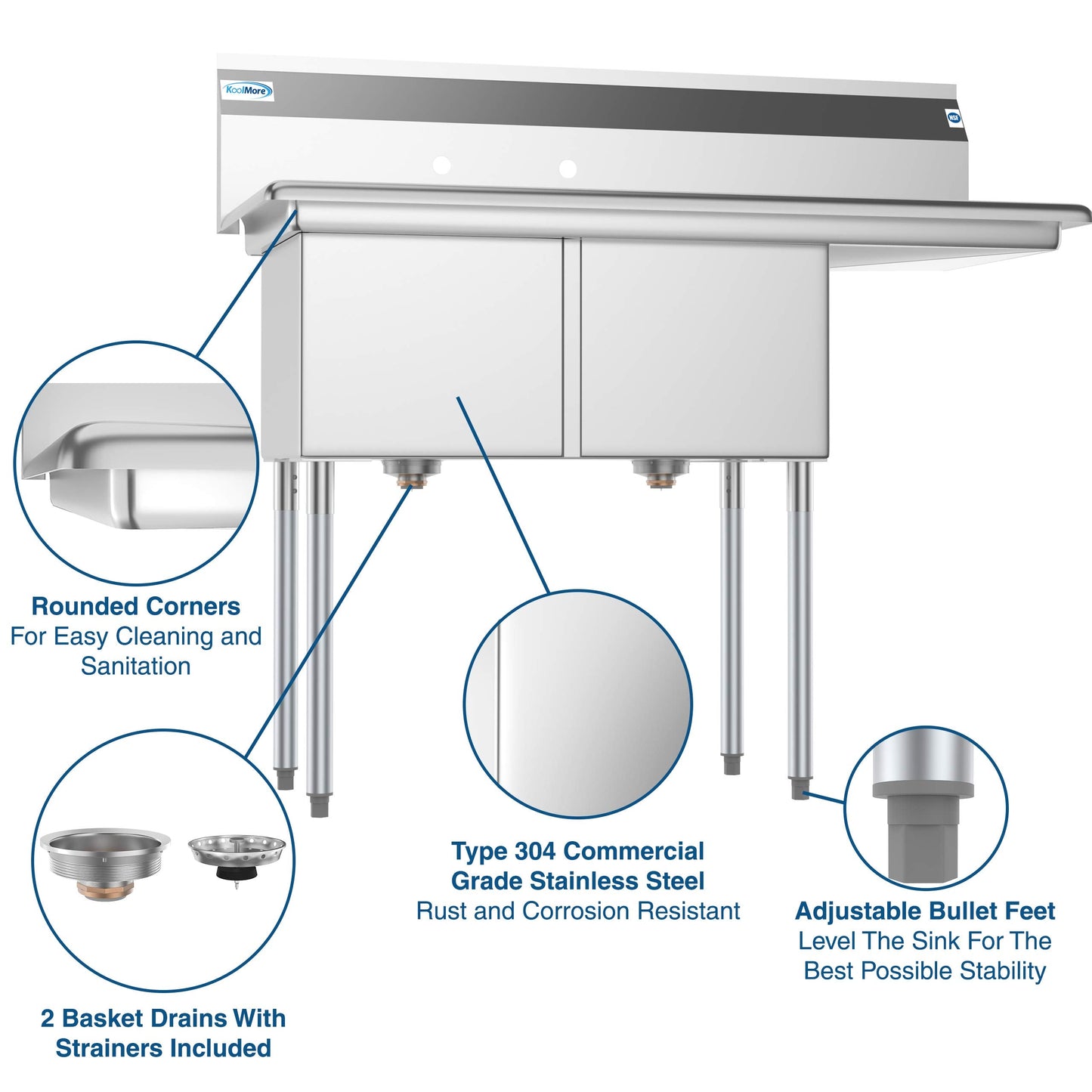 KoolMore - SB151512-15R3 2 Compartment Stainless Steel NSF Commercial Kitchen Prep & Utility Sink with Drainboard - Bowl Size 15" x 15" x 12", Silver