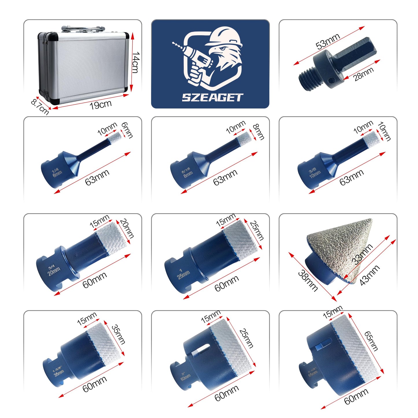 Diamond Tile Hole Saw Kit 9-Piece - SZEAGET Diamond Drill Bits (6/8/10/20/25/35/50/65mm Sizes) + 38mm Diamond Beveling Chamfer Bit for Marble, Granite, Ceramic Tile,10X Longer Life