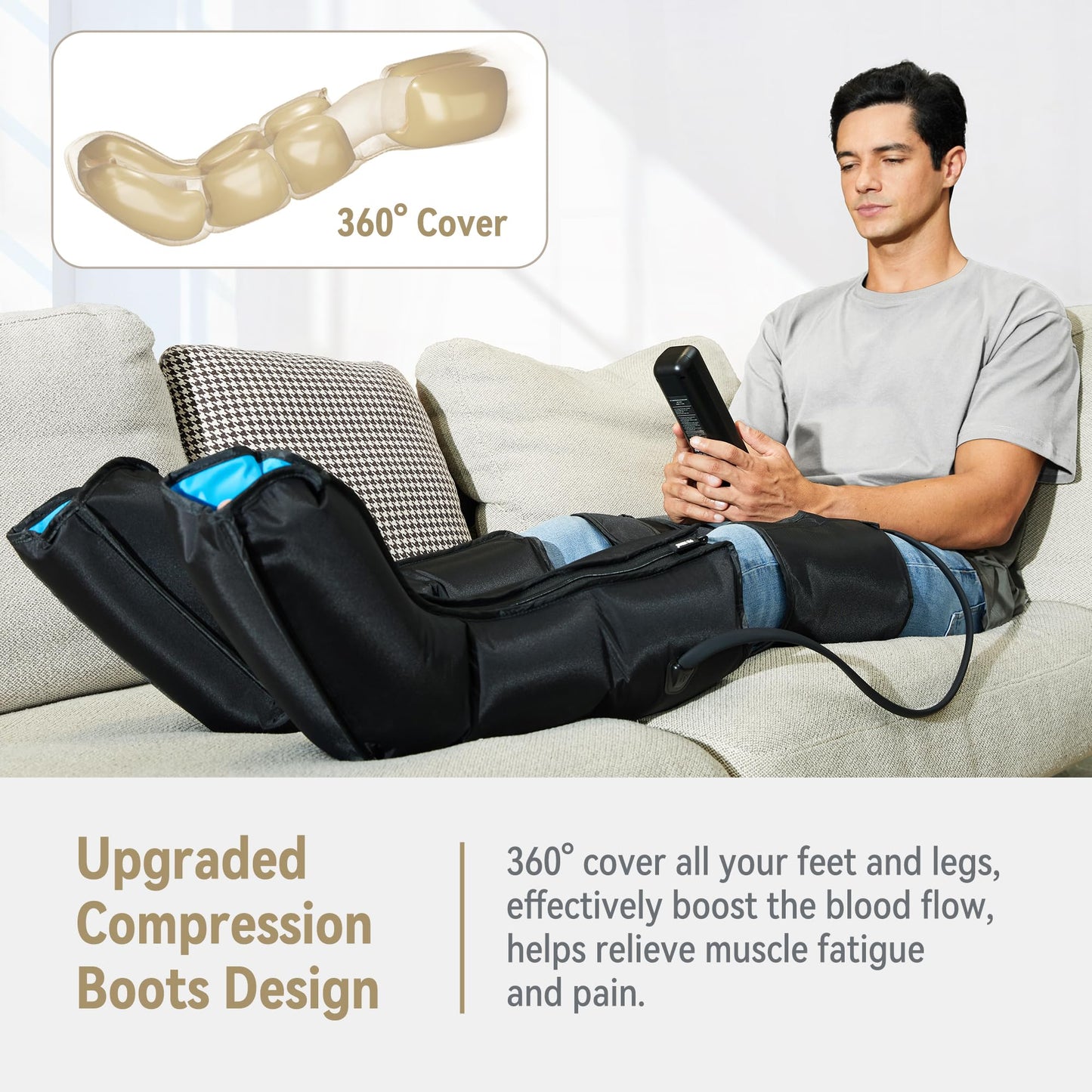 FIT KING Air Compression Leg and Foot Boots Massager for Circulation from Foot to Thigh to Relieve Pain, Swelling, Edema - Pressure Sensor & LCD Display & 3 Timer Optional