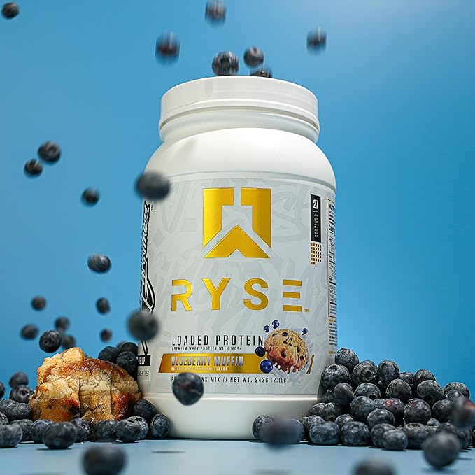 RYSE Loaded Protein Powder - Blueberry Muffin - 25g Whey Protein Isolate & Concentrate with Prebiotic Fiber & MCTs - Low Carb, Low Sugar, Digestive-Friendly - 54 Servings / 4 lb Tub