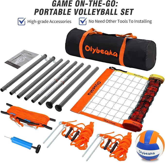 Outdoor Portable Volleyball Net Set for Backyard Beach with Adjustable Heavy Duty Poles, Durable Net, PU Volleyball & Pump, Carry Bag