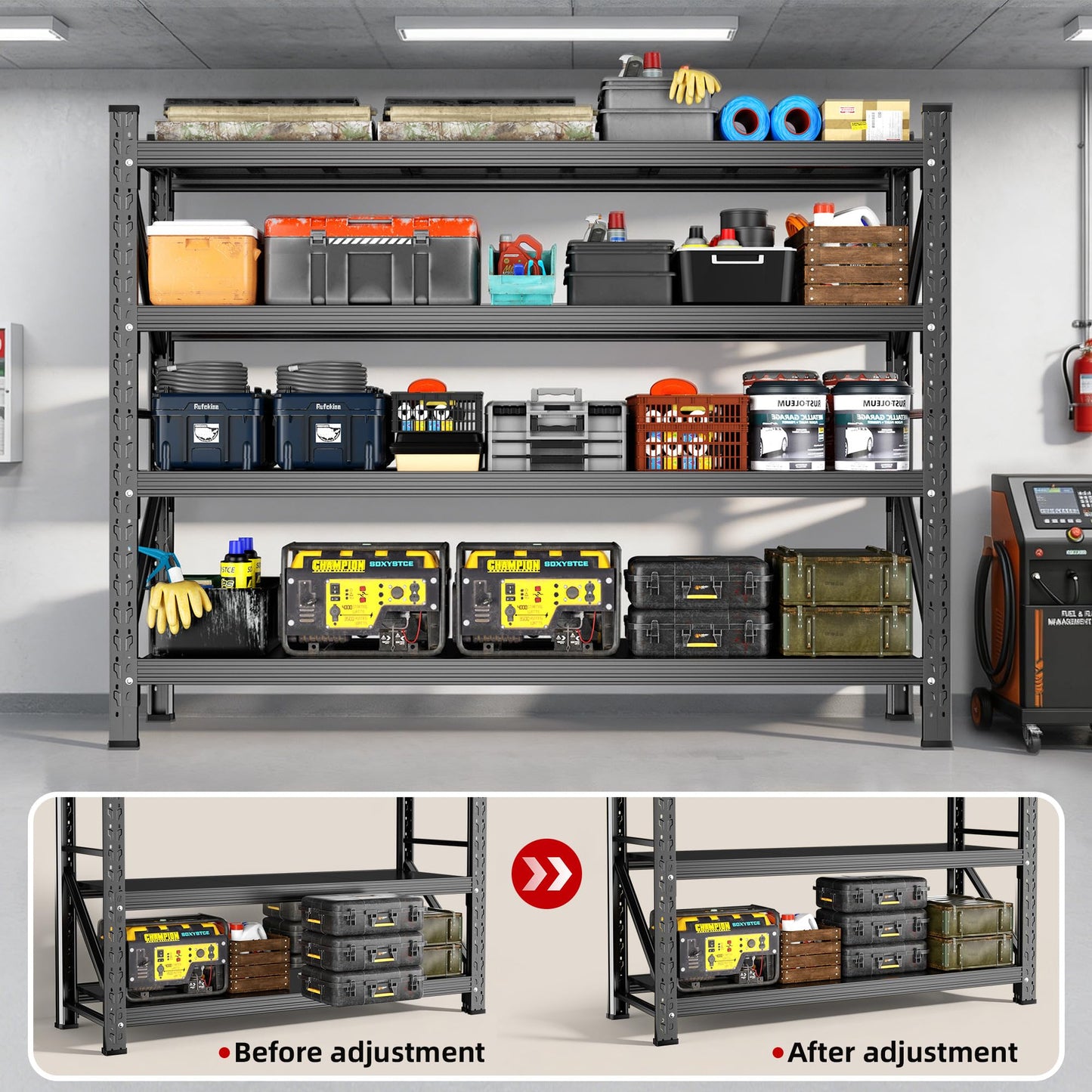 Lionhon Heavy Duty Garage Shelving, 70" W x 23" D x 69" H, 5000 LBS Capacity, 4-Tier Adjustable Metal Storage Shelves, Reinforced Steel Storage Rack for Warehouse, Basement, Workshop