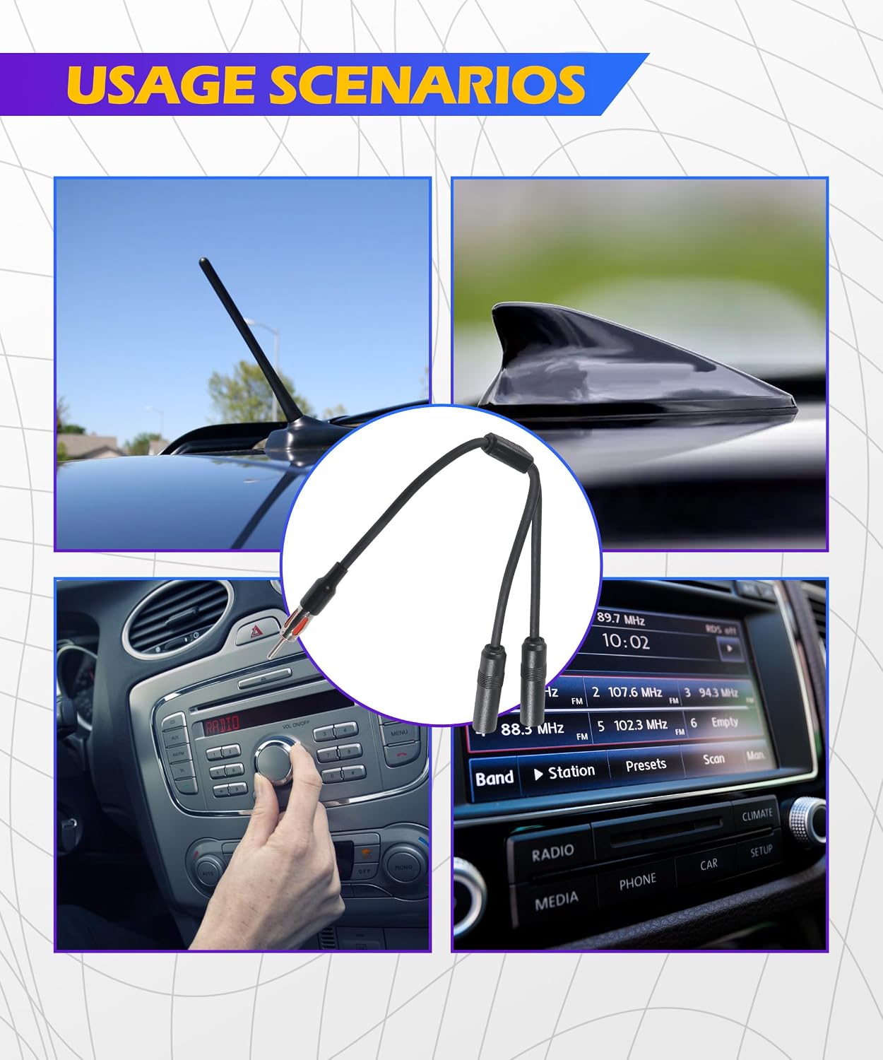 SCUARI 1 2 Car Antenna Adapter,Antenna Adapter for Car Stereo,Car Accessories Male to Female Y Antenna Cable,Radio