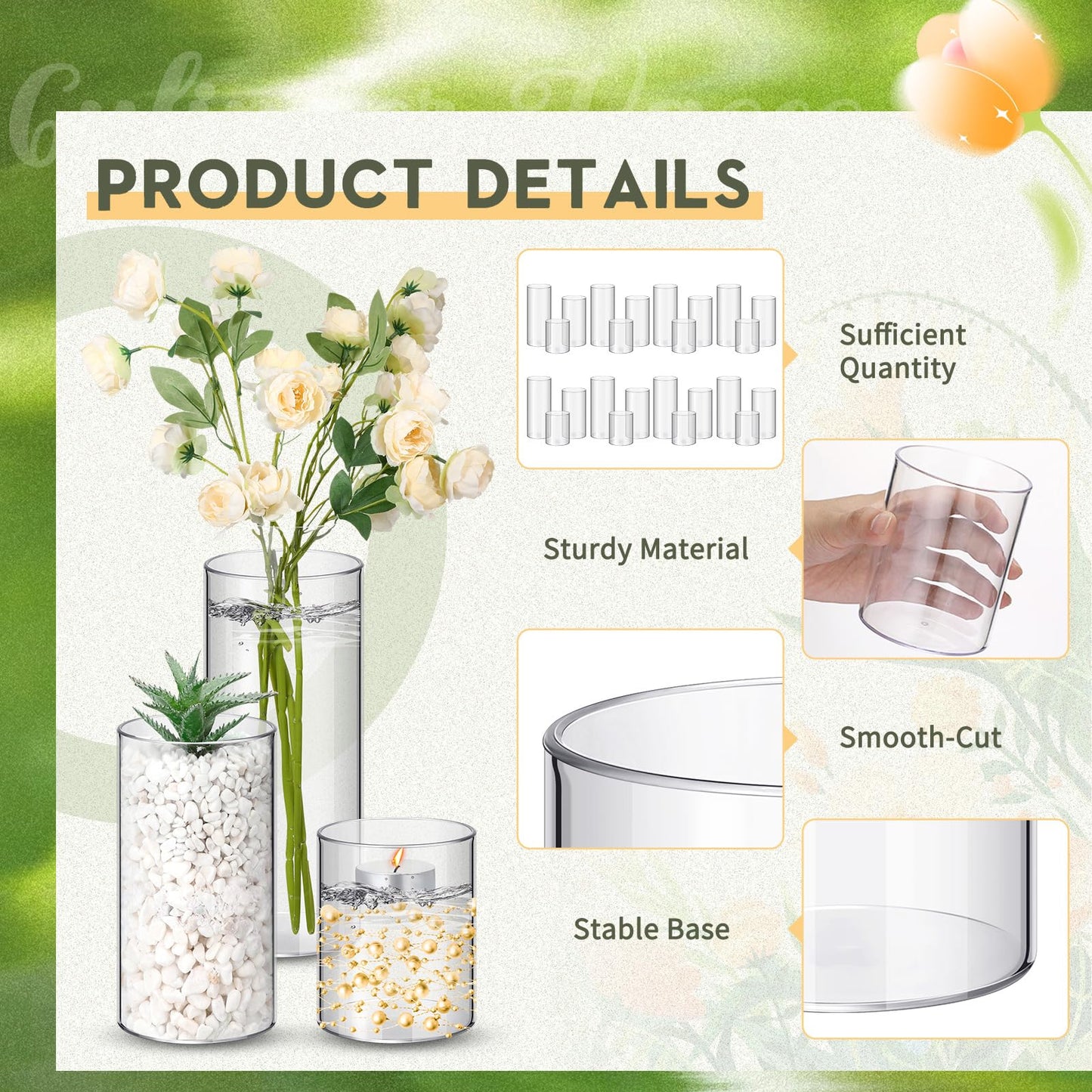 Nuogo 36 Pcs Plastic Cylinder Vases Tall Plastic Flower Vases for Centerpieces Hurricane Candle Holder for Home Wedding Office Party Formal Dinners Decorations (4''/6''/8'')