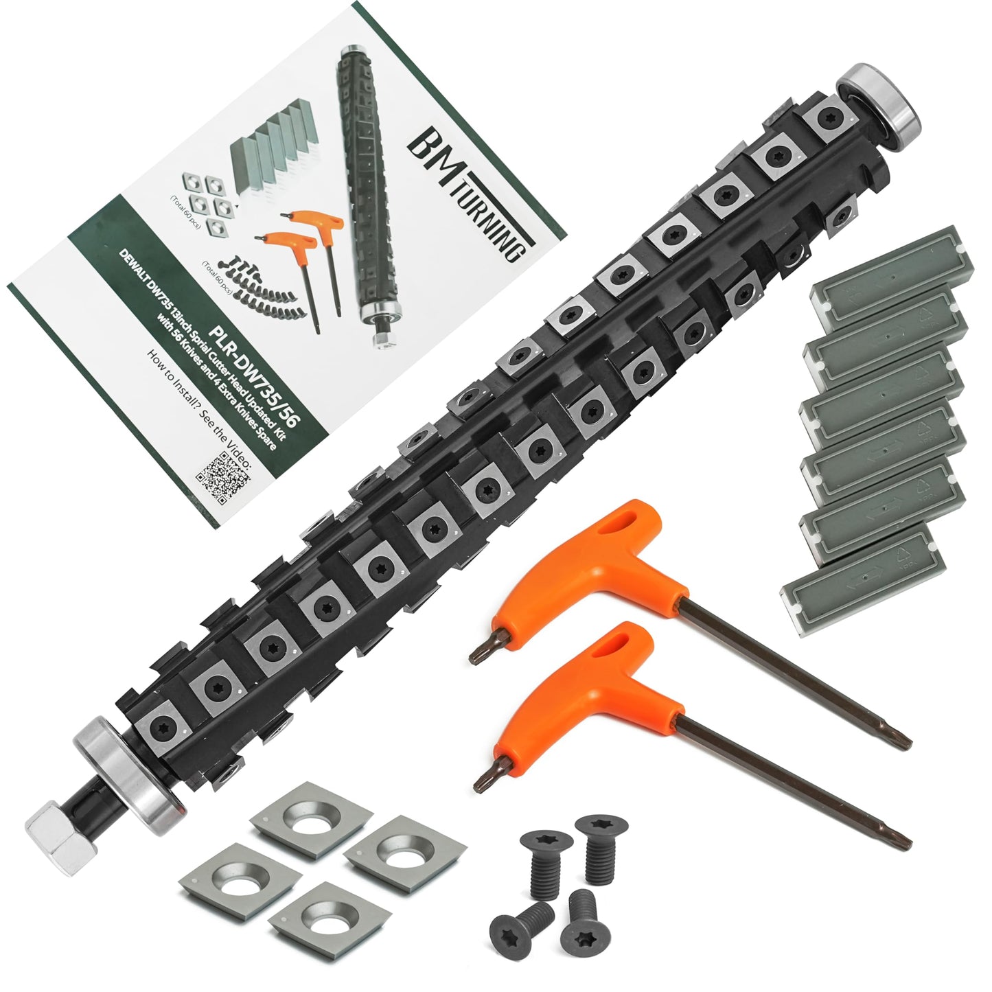13 Inch Spiral Helical Cutterhead, Compatible with Dewalt DW735, DW735X Planer, 4 Rows of 56 pcs TCT Carbide Blades, with 4 Spare Blades & Screws, 2 Wrenches.