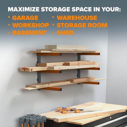 BORA 3-Level Wood Storage Rack - Heavy-Duty Wall-Mounted Shelf for Lumber | 300 lb Capacity, Orange/Black