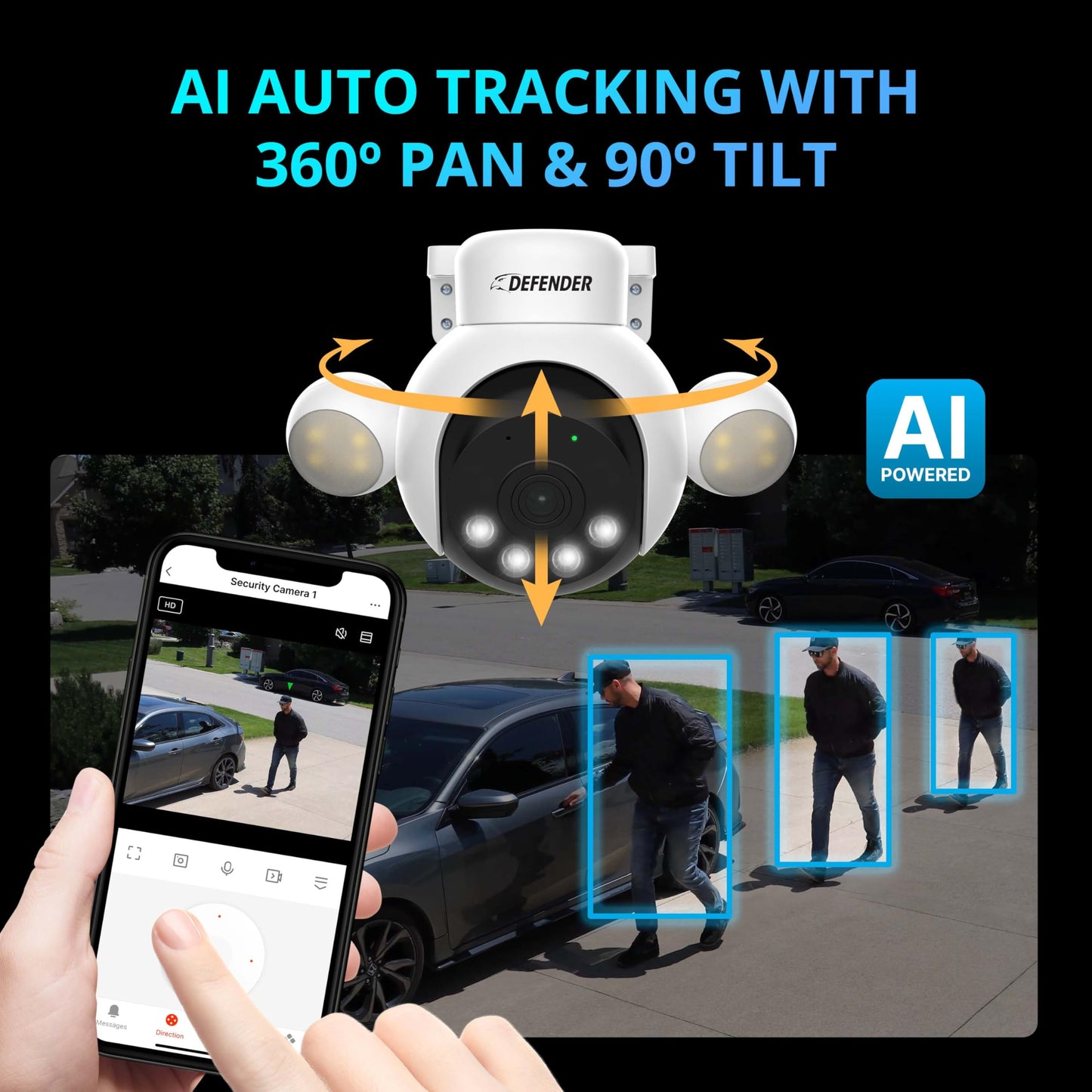 Defender AI Powered Sentinel 4K Wired Security Camera System, 360° PTZ Security Camera System with AI Tracking, Smart Human Detection, Blue-Red Light Deterrence, and Color Night Vision | 4 Cameras 1TB