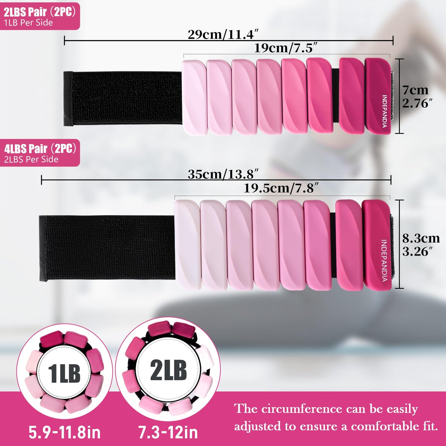INDEPANDIA Wrist & Ankle Weights for Women and Men, 2lbs Pair Adjustable Silicone Weighted Bangles for Arm & Leg Workouts, Perfect for Pilates, Yoga, Walking & Home Fitness Training Gradient Pink