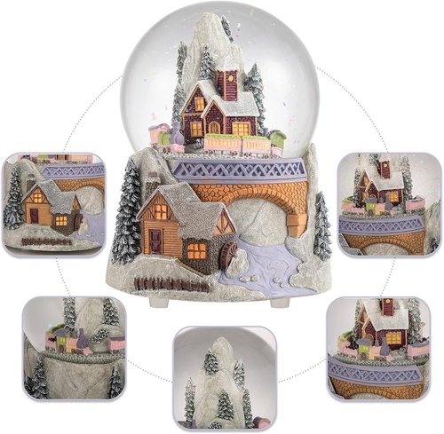 Castle Snowy House Snow Globe - Color Changing Lighting & Revolving Train | Winter Wonderland Decor