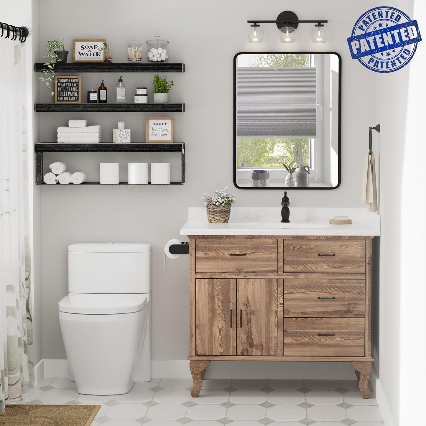 QEEIG Floating Bathroom Shelves - 24-Inch Wall Storage for Toilet Paper | Set of 3, Black