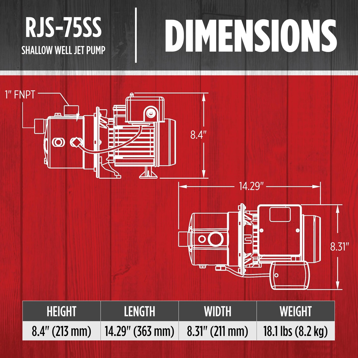 Red Lion RJS-75SS 115/230 Volt, 3/4 HP, 12.8 GPM Stainless Steel Shallow Well Jet Pump For Wells Up To 25' Deep, Red, 97080702