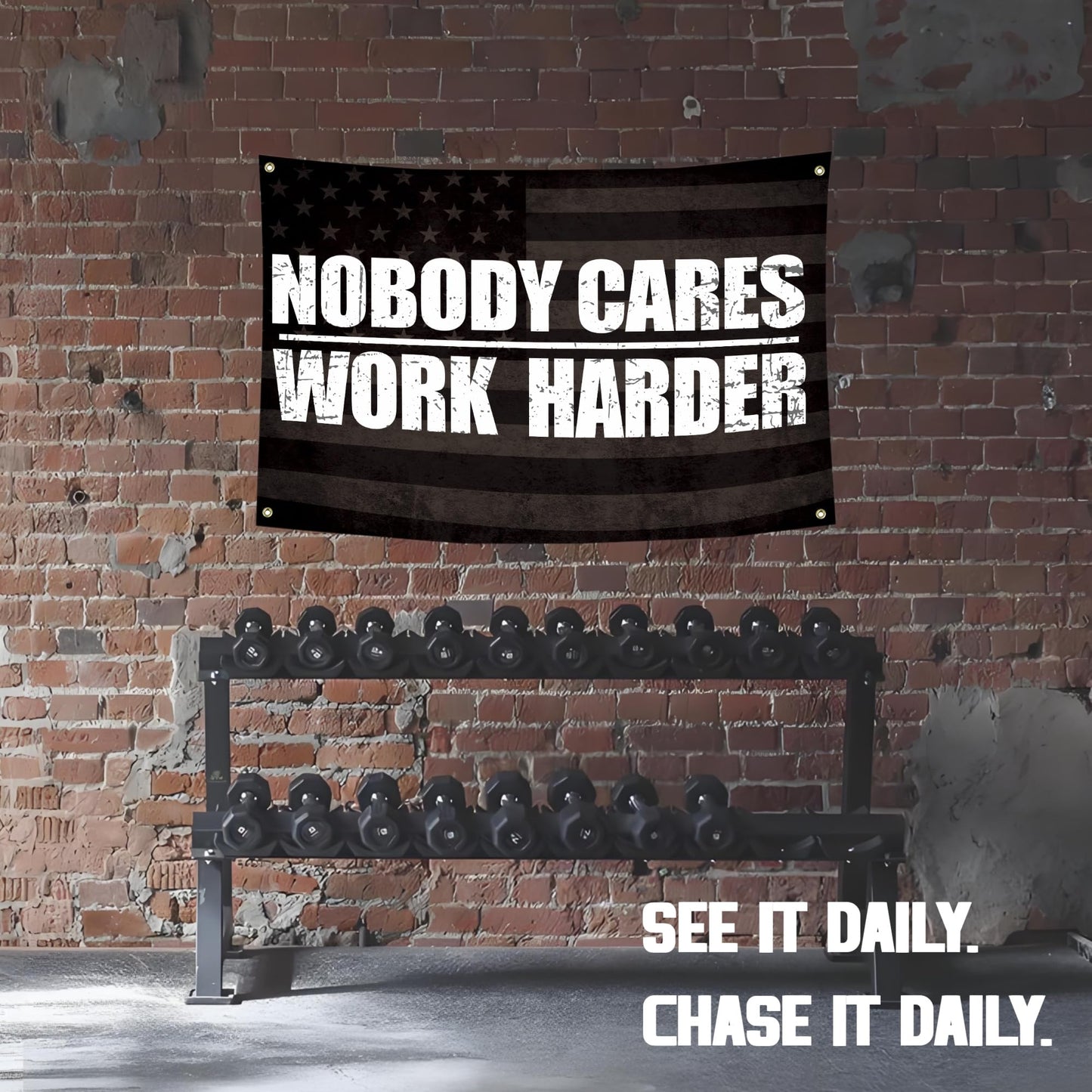 Lyeedoom NOBODY CARES WORK HARDER Motivational Gym Banner - Fitness Wall Art for Home Gym & Office - Workout Encouragement Tapestry with Inspirational Quote for Exercise Room and Dorm Decor