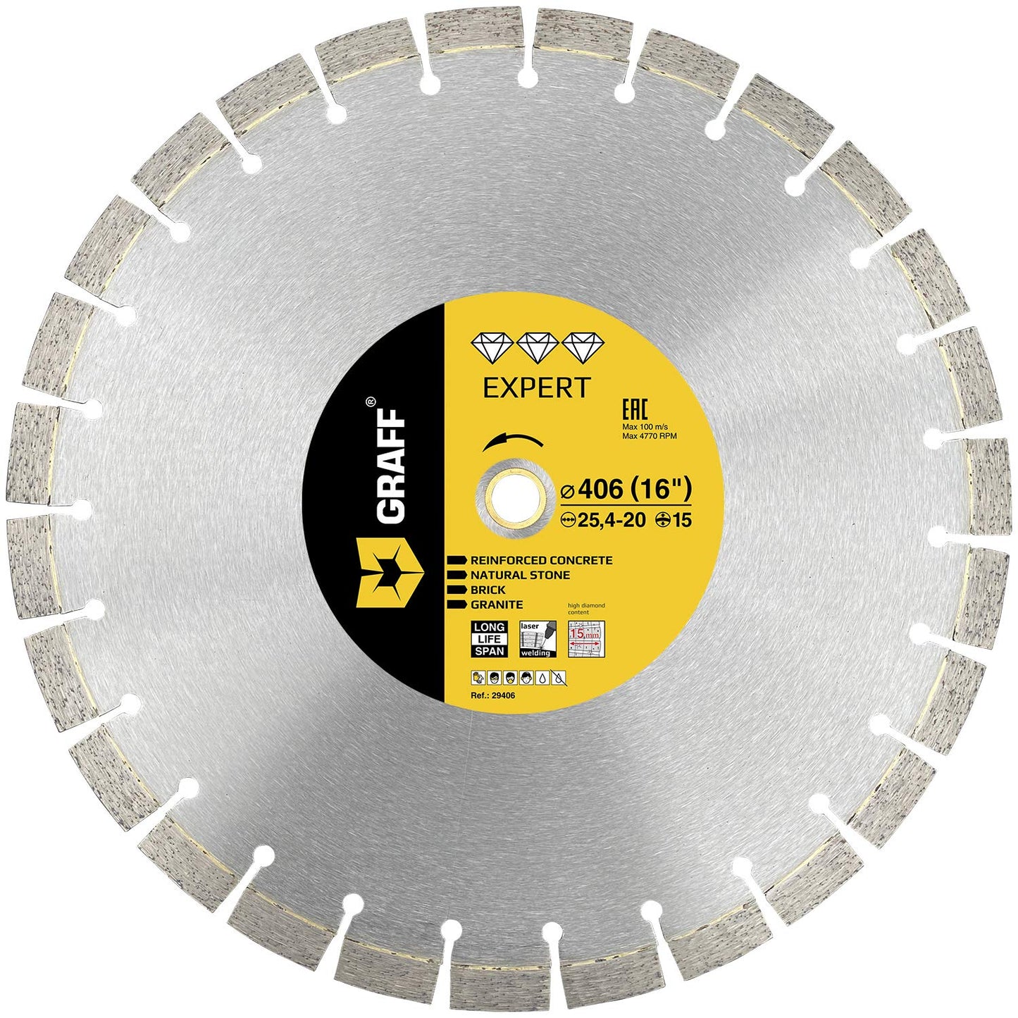 Laser Welded Diamond Blade 16 Inch — Diamond Cutting Wheel for Cutting Reinforced Concrete, Stone, Marble, Granite, Brick, Masonry — Diamond Saw Blade Segment Height 0.591 (15 mm) — GRAFF