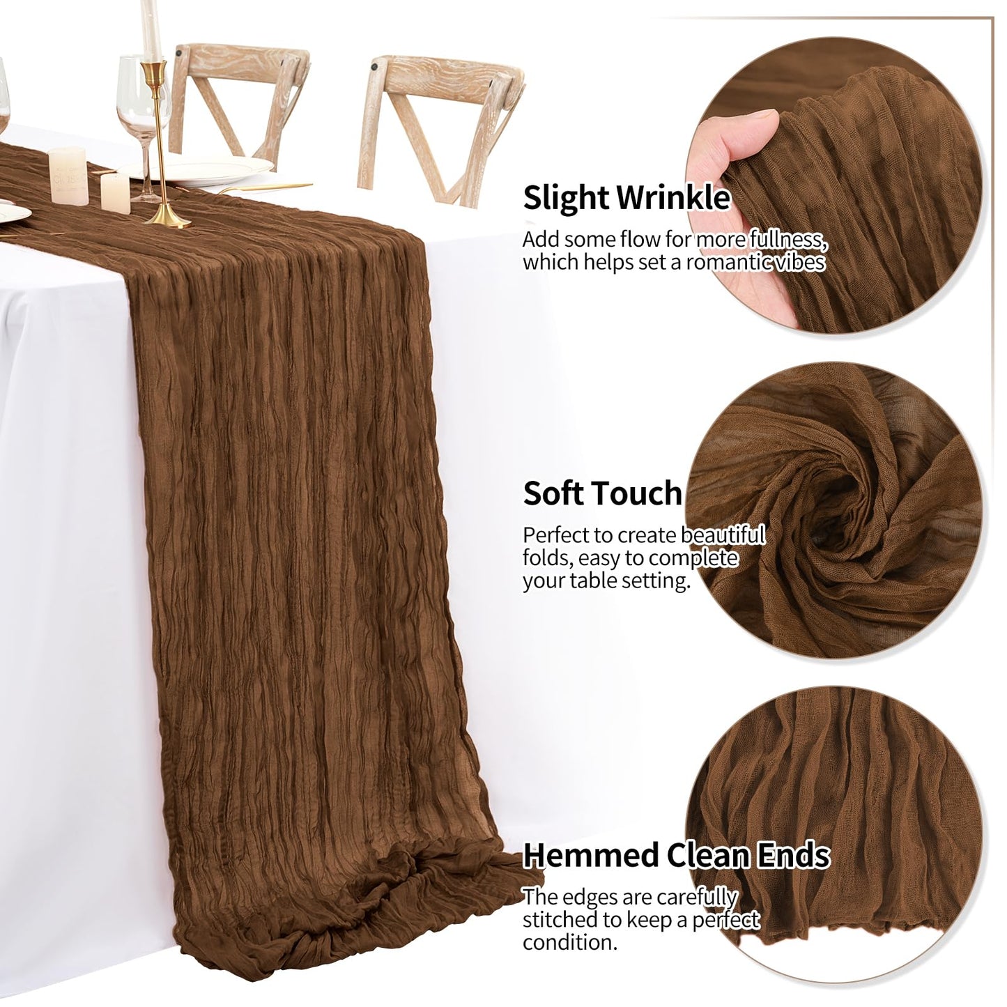 8 Pack 10Ft Cheesecloth Table Runner Brown, 20 x 120 Inch Rustic Gauze Boho Cheese Cloth Wedding Long Table Runner for Wedding Party Bridal Shower Decoration
