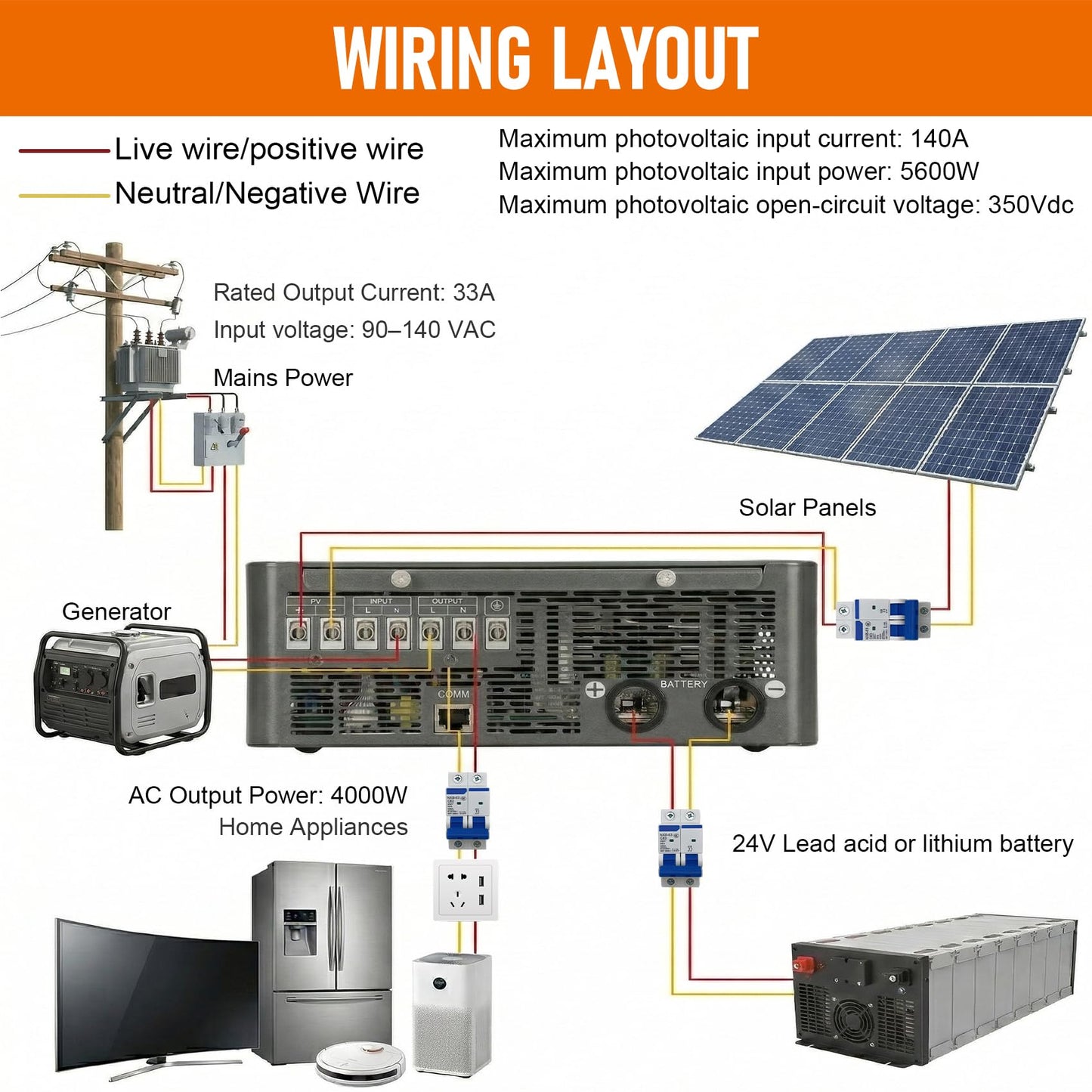 Lonsge 4000W Hybrid Solar Inverter 24V DC to 120V AC, Pure Sine Wave Inverter with Built-in 140A MPPT Charge Controller, Max PV Input 5600W 350VDC, Supports Lithium & Lead-Acid Batteries