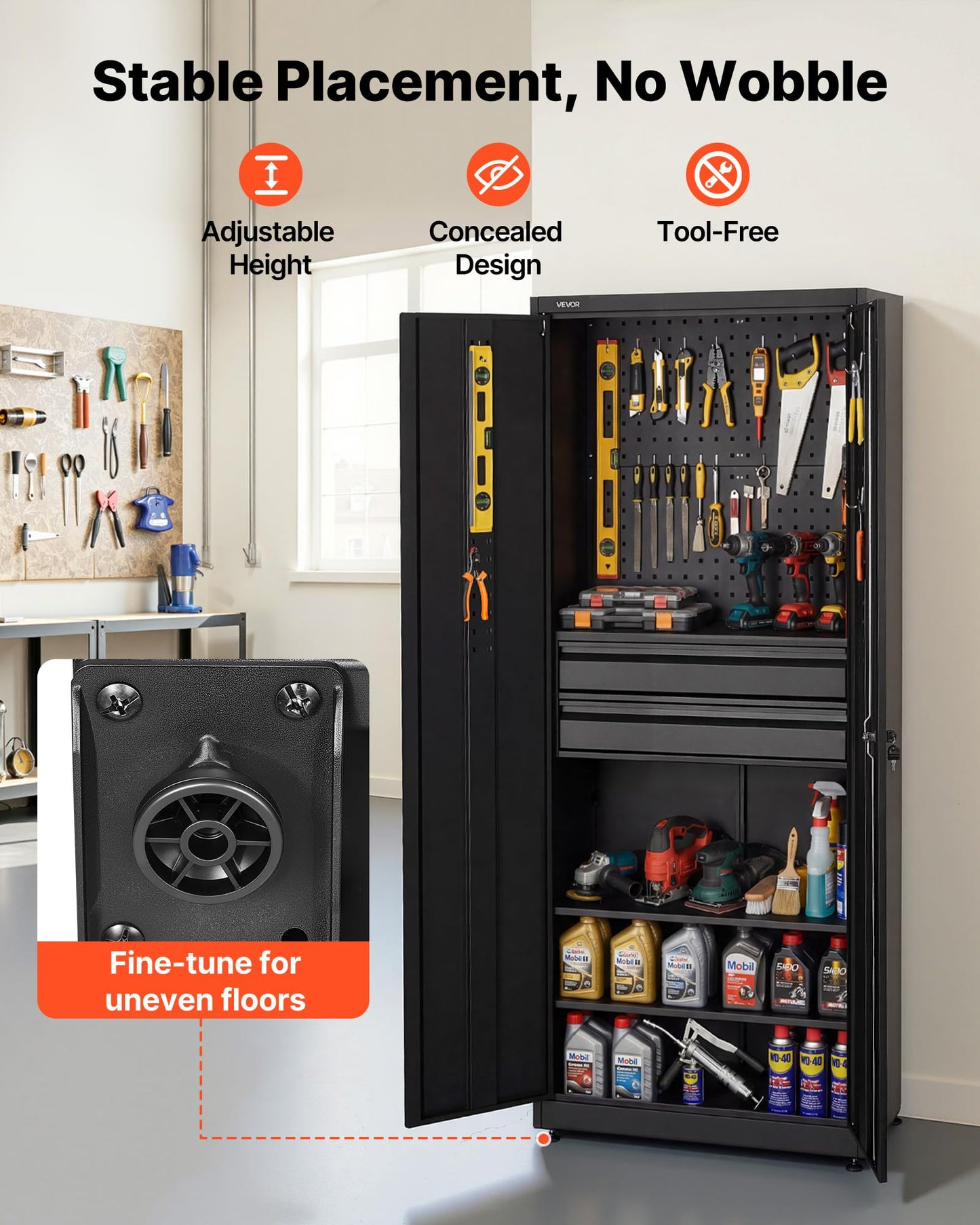 VEVOR Metal Storage Cabinet, 180 lbs Shelf Load Capacity, 70.87" Tall Garage Tool Storage Cabinet with 2 Locking Doors, Adjustable Shelves, 2 Drawers, Pegboard, for Garage, Home, Office, Utility Room