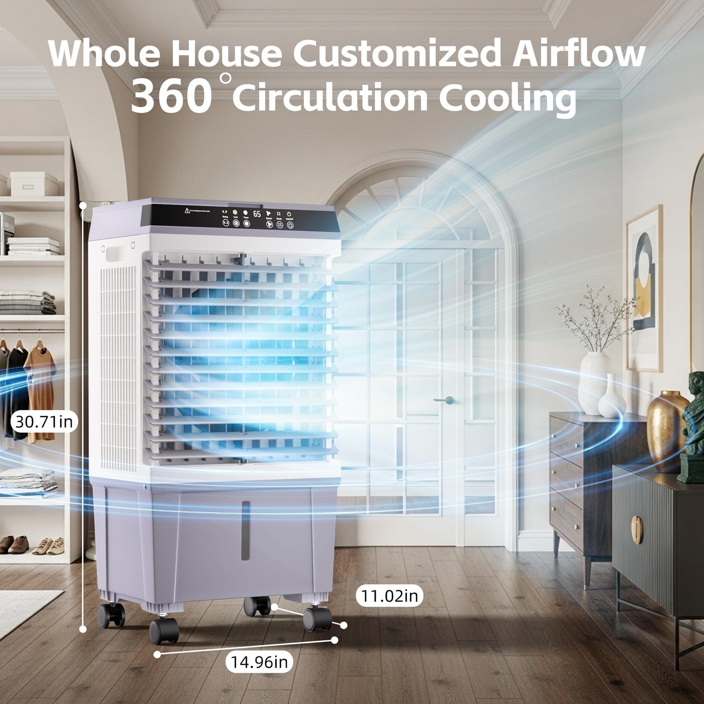 AKIRES 1800CFM Swamp Cooler,3-IN-1 Evaporative Air Cooler with 5.3 Gal Water Tank,6 Ice Packs,Evaporative Cooler with 12H Timer,2 Modes,3 Speeds,120°Oscillation，Cooling Fan for Indoor,Outdoor(32IN)