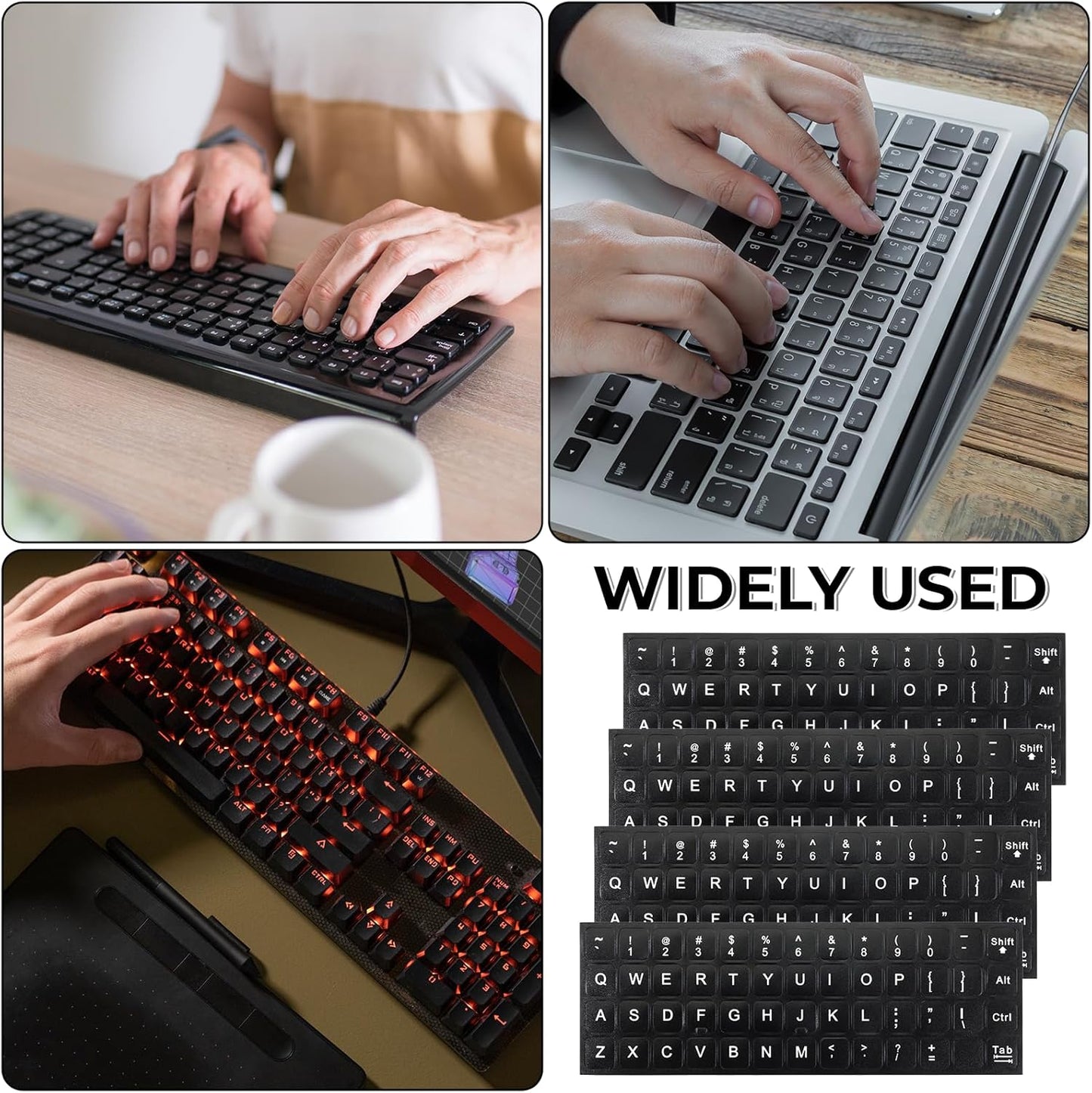 Josojoou 4PCS Keyboard Letter Stickers, Ultra-Clear Black Background with White Text Laptop Keyboard Stickers