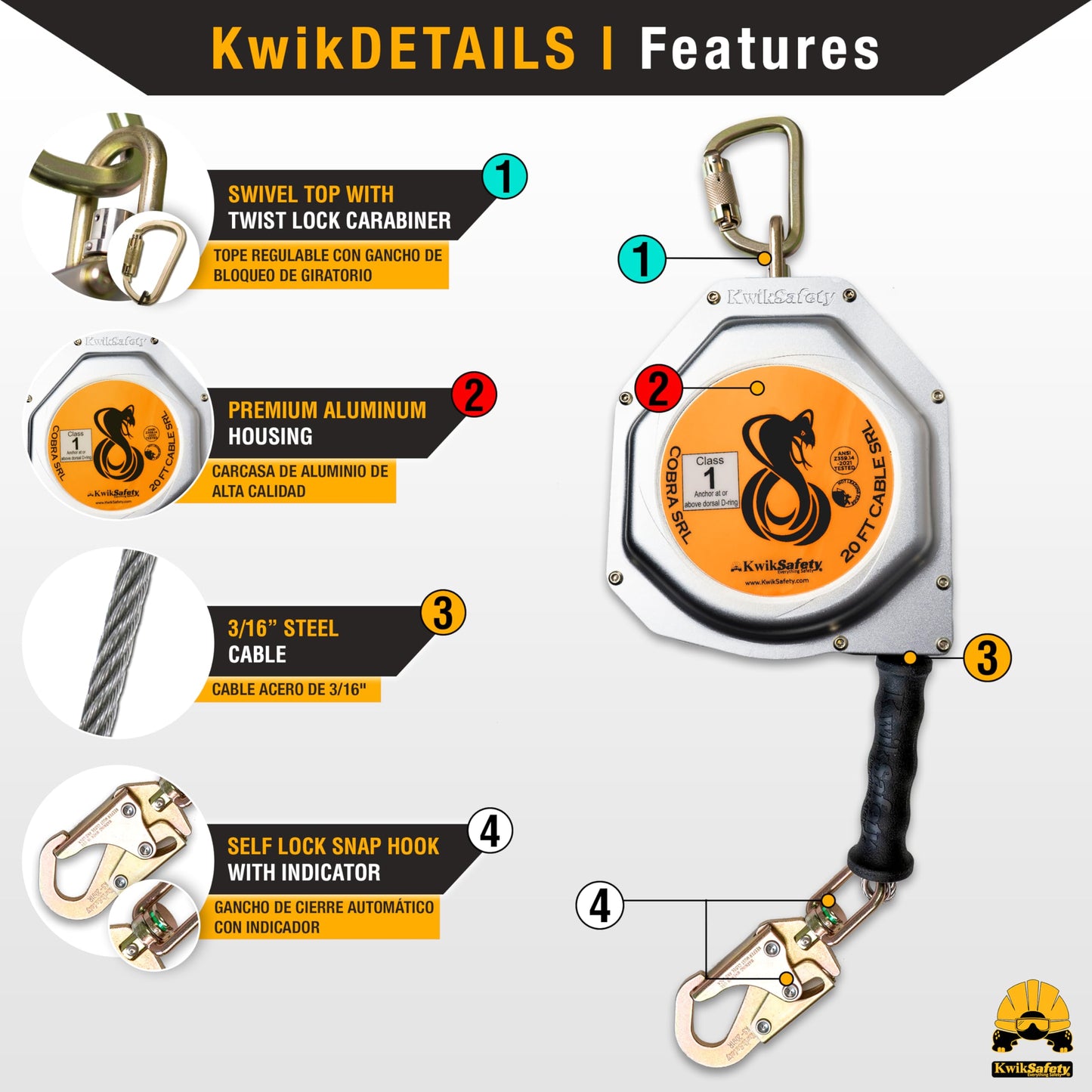 KwikSafety - Charlotte, NC - COBRA 20' BUNDLE [Cable Self Retracting Lifeline + 3FT Cross Arm Strap + Roof Anchor + 3 D-Ring Safety Harness] ANSI OSHA Class B Retractable SRL Fall Arrest PPE