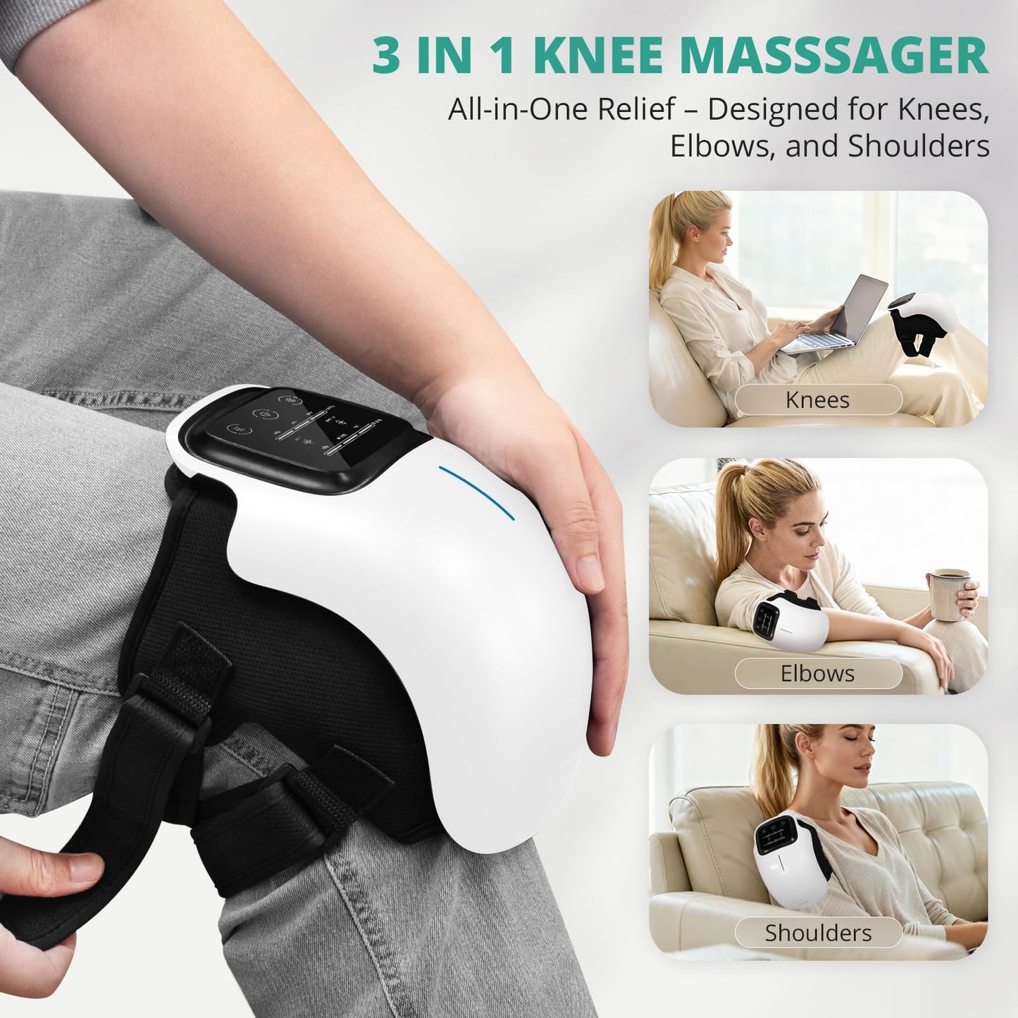 Medcursor Knee Massager, Cordless Heated Knee Massager with 3 Heating Levels, 3 Vibration Modes, LED Screen & Adjustable Straps, Massage with Heat for Relief