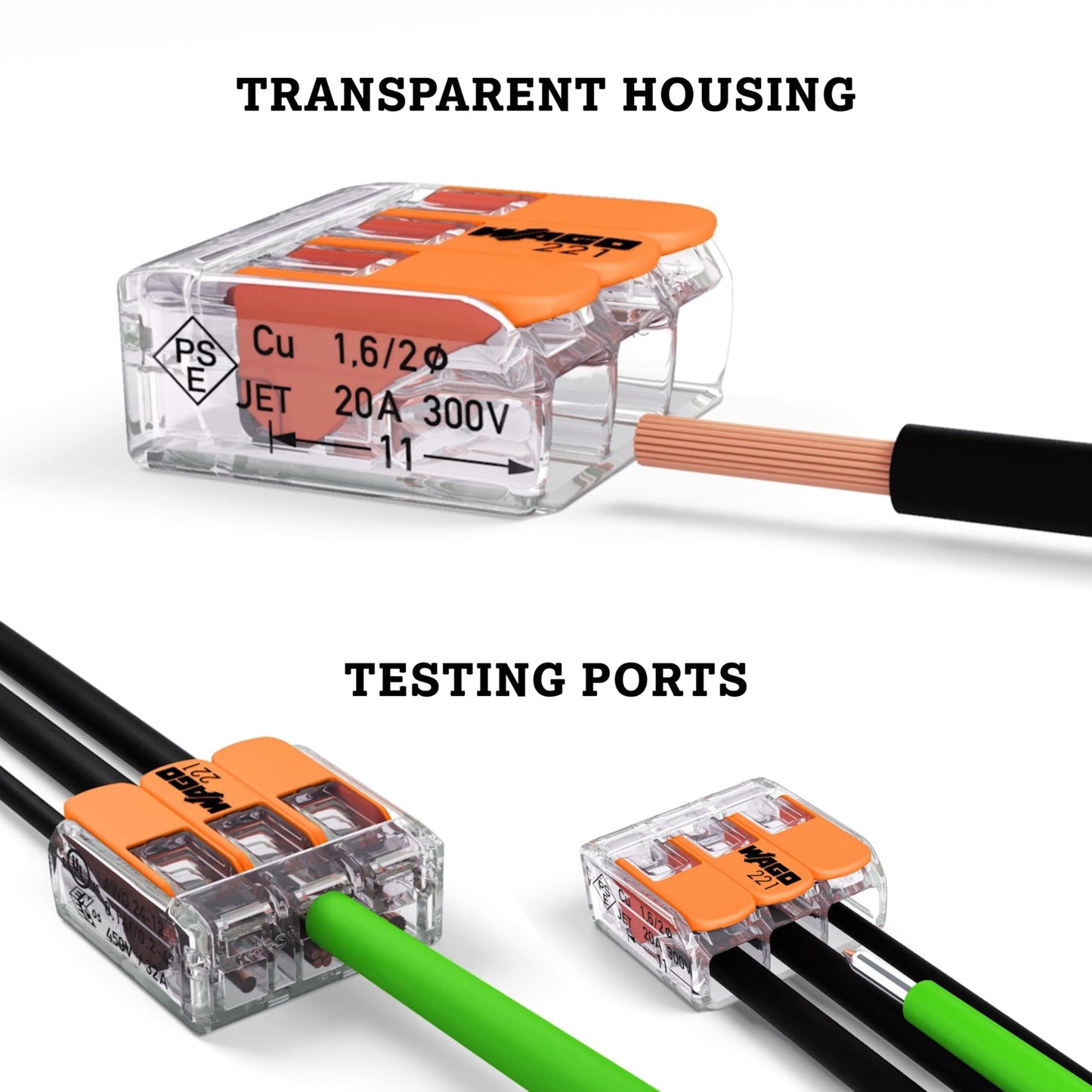 WAGO 221-412 Compact Lever-Nuts® Splicing Connectors, 2-Conductor, 24-12 AWG, Jar 550pcs