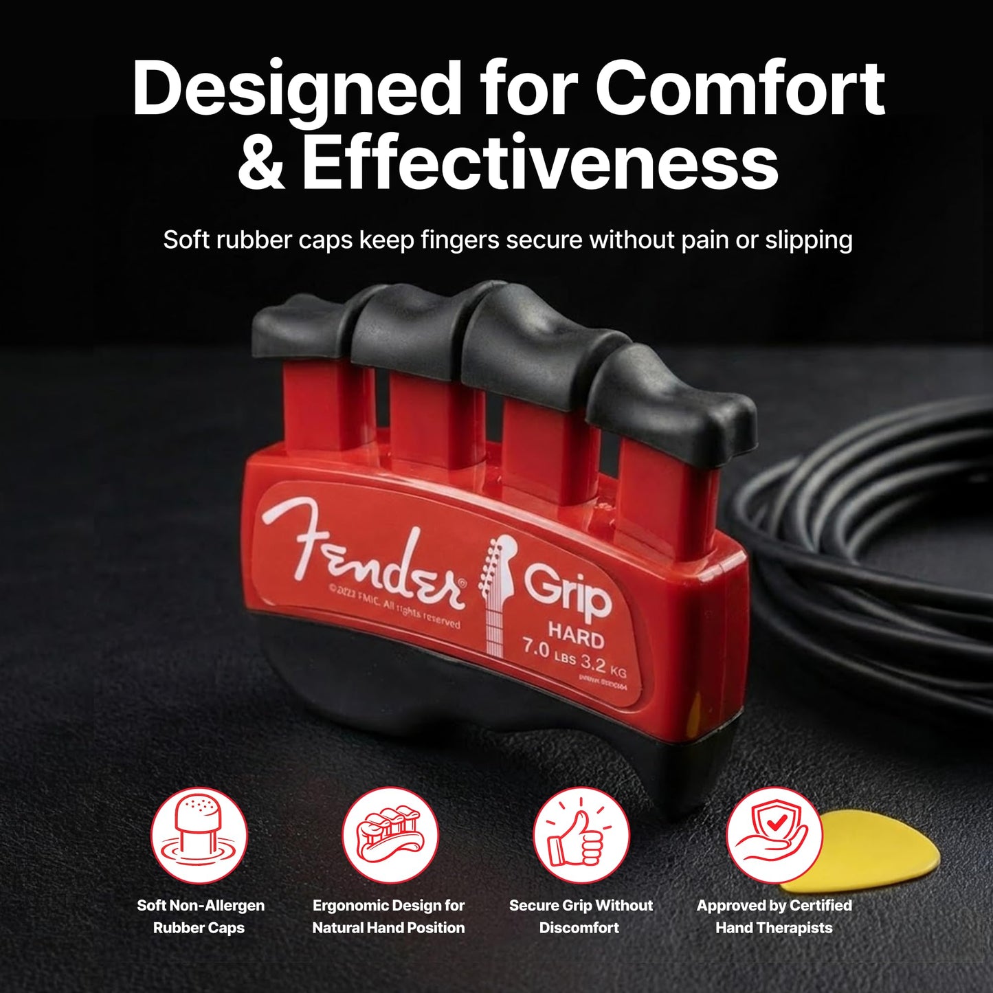 Fender GRIP Hand and Finger Exerciser (Hard - 7lbs / 3.2kg) – Best Ergonomic Finger Strengthener to improve play on all stringed instruments (Guitar, Bass, Violin, etc.)
