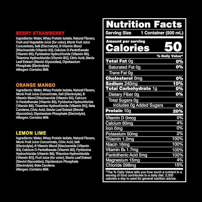 Whey Protein Water Sports Drink by PWR LIFT | Variety Pack | Keto, Vitamin B, Electrolytes, Zero Sugar, 10g of Protein | Post-Workout Energy Beverage | 16.9oz (Pack of 12)