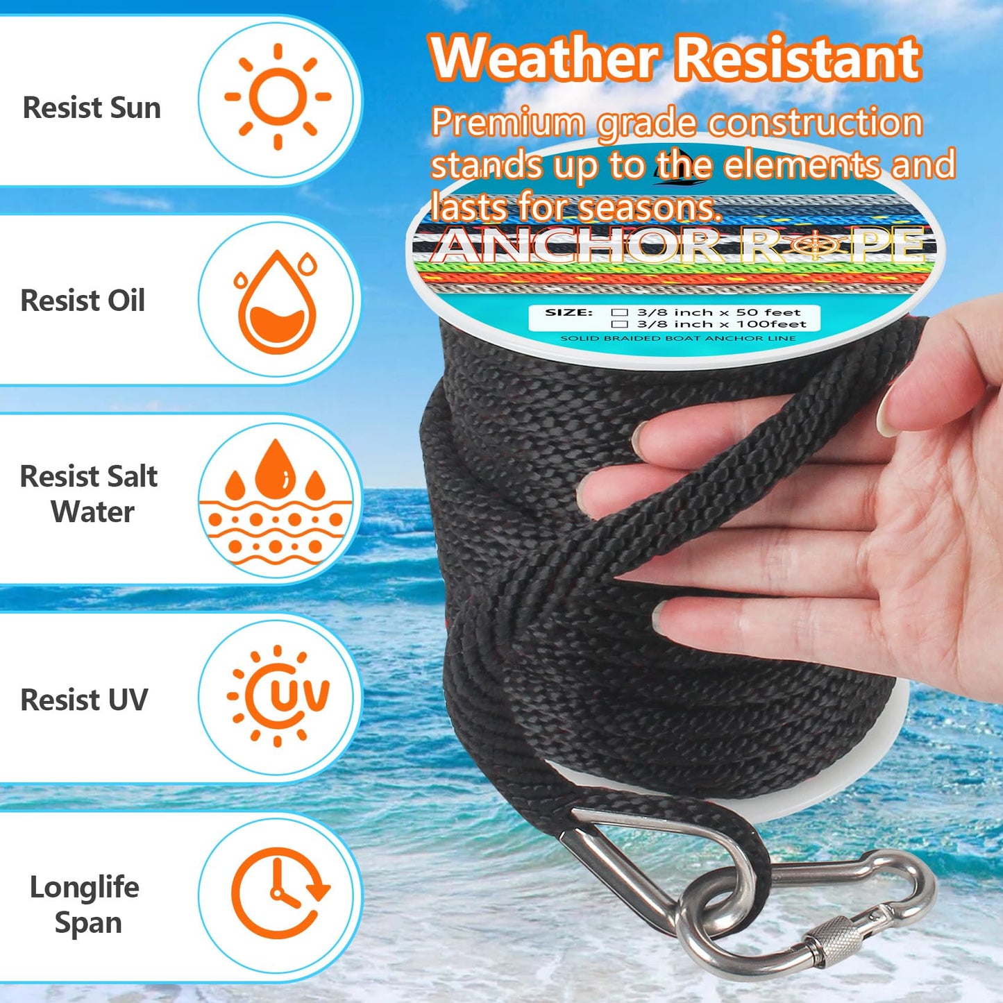 3/8 Inch 50 FT Anchor Rope, Boat Anchor Rope Solid Braid MFP, Anchor Line with 316 Stainless Steel Thimble and Snap Hook - Black